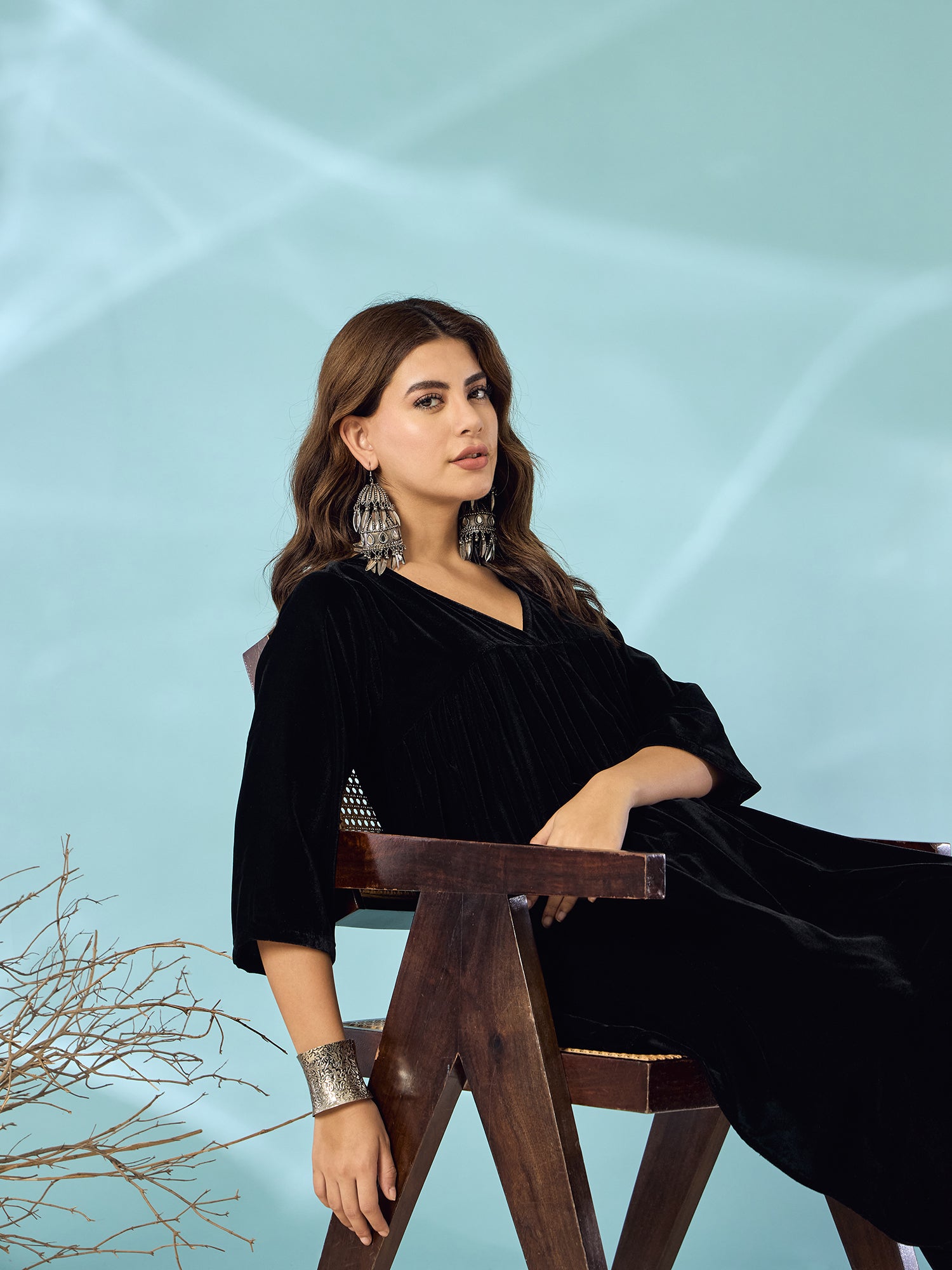 Black Velvet Flared Kurta Set