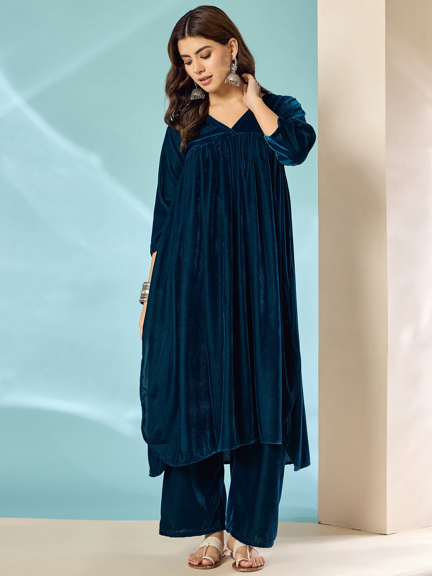 Peacock Teal Velvet Flared Kurta Set