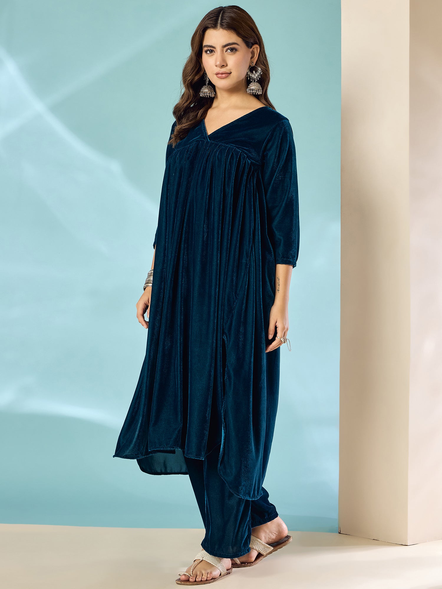 Peacock Teal Velvet Flared Kurta Set