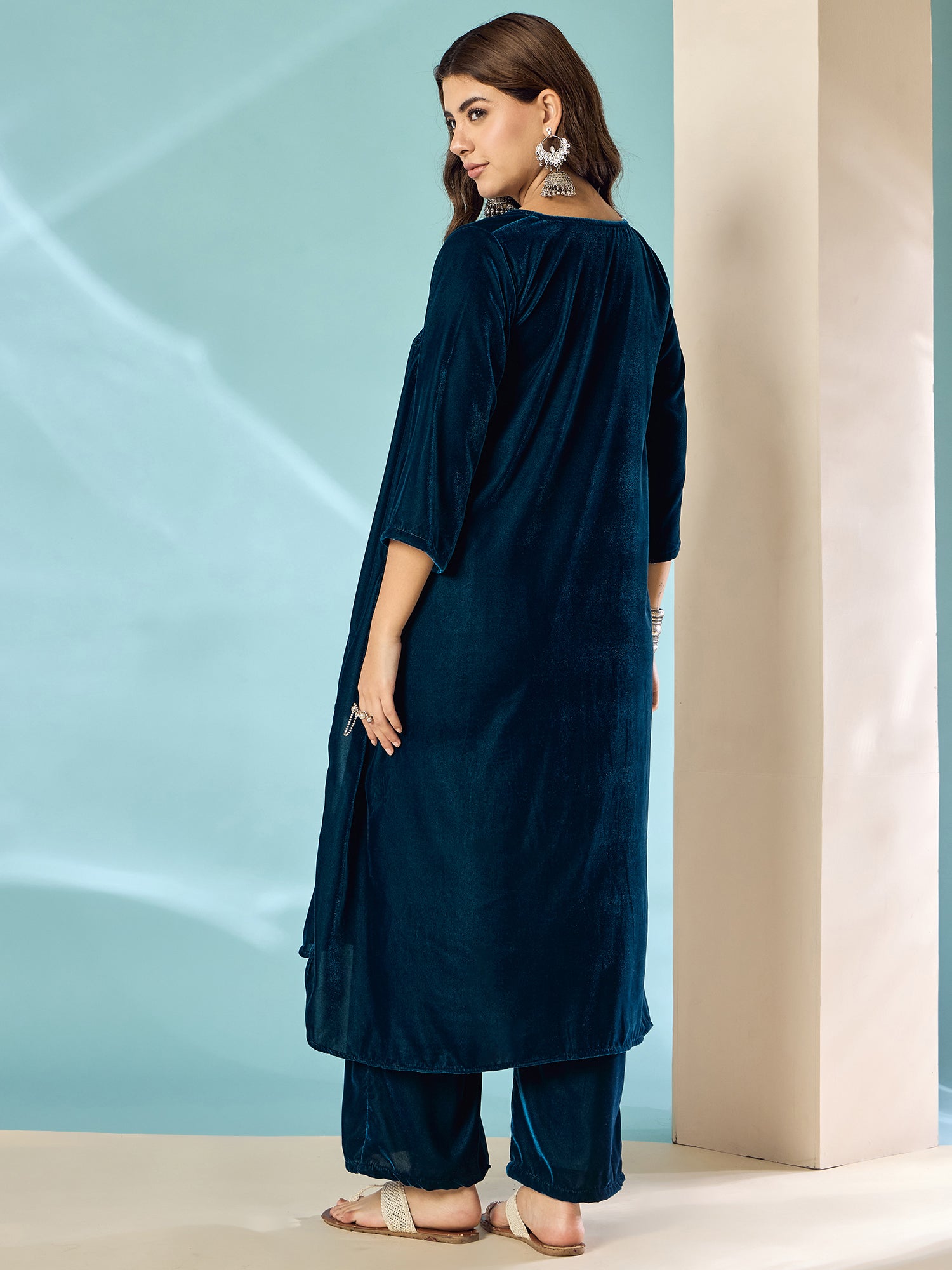 Peacock Teal Velvet Flared Kurta Set