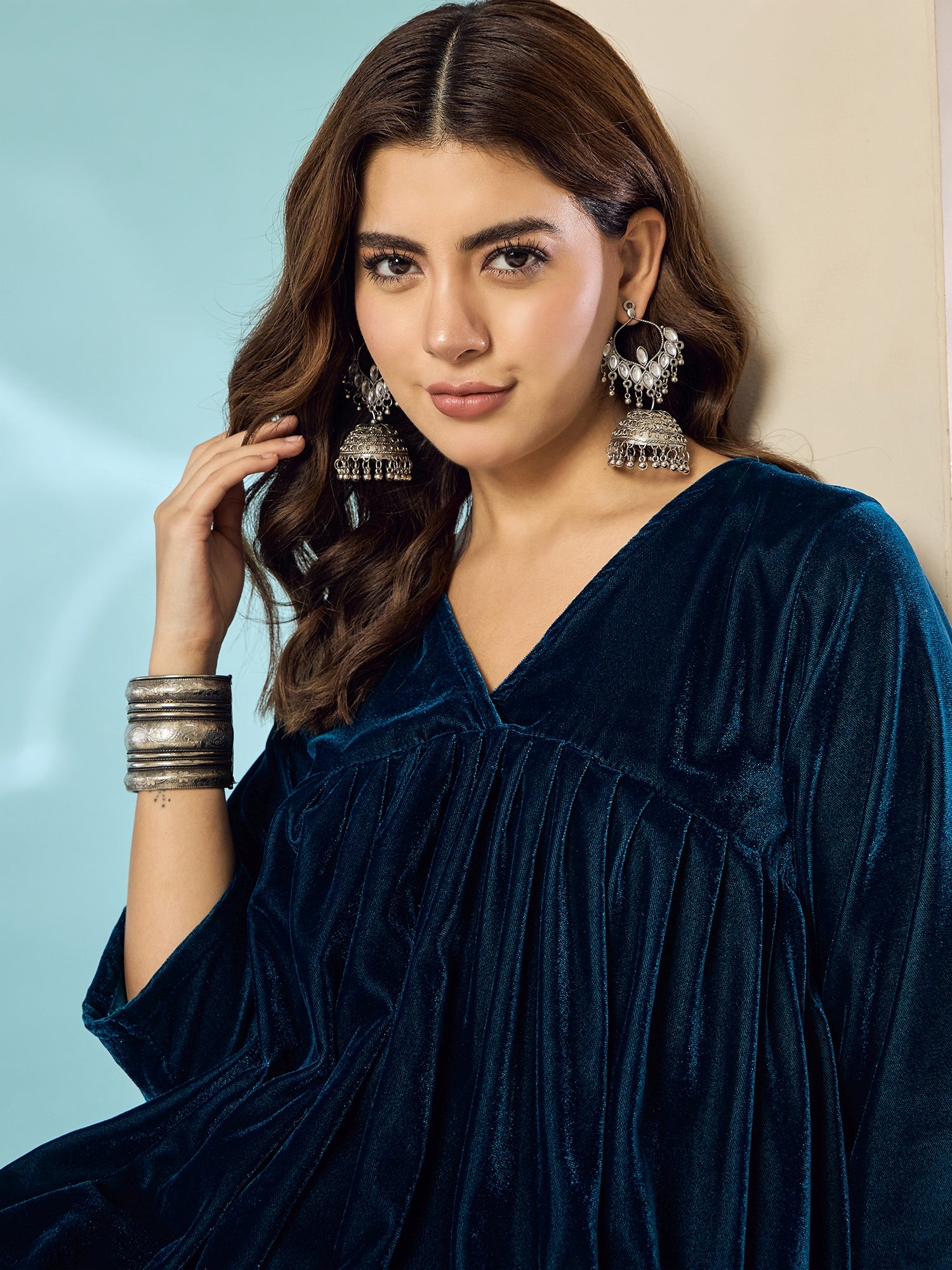 Peacock Teal Velvet Flared Kurta Set