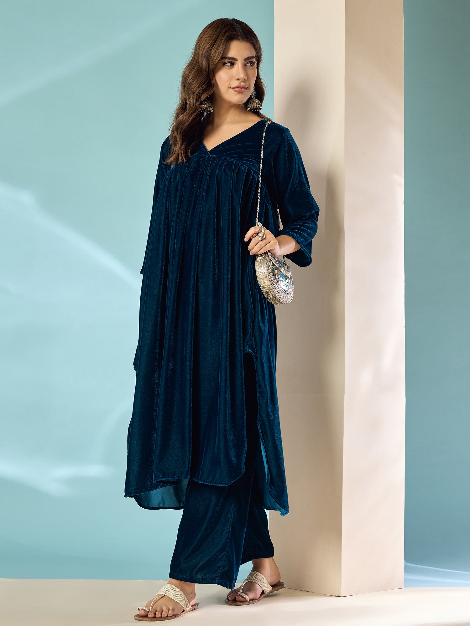 Peacock Teal Velvet Flared Kurta Set