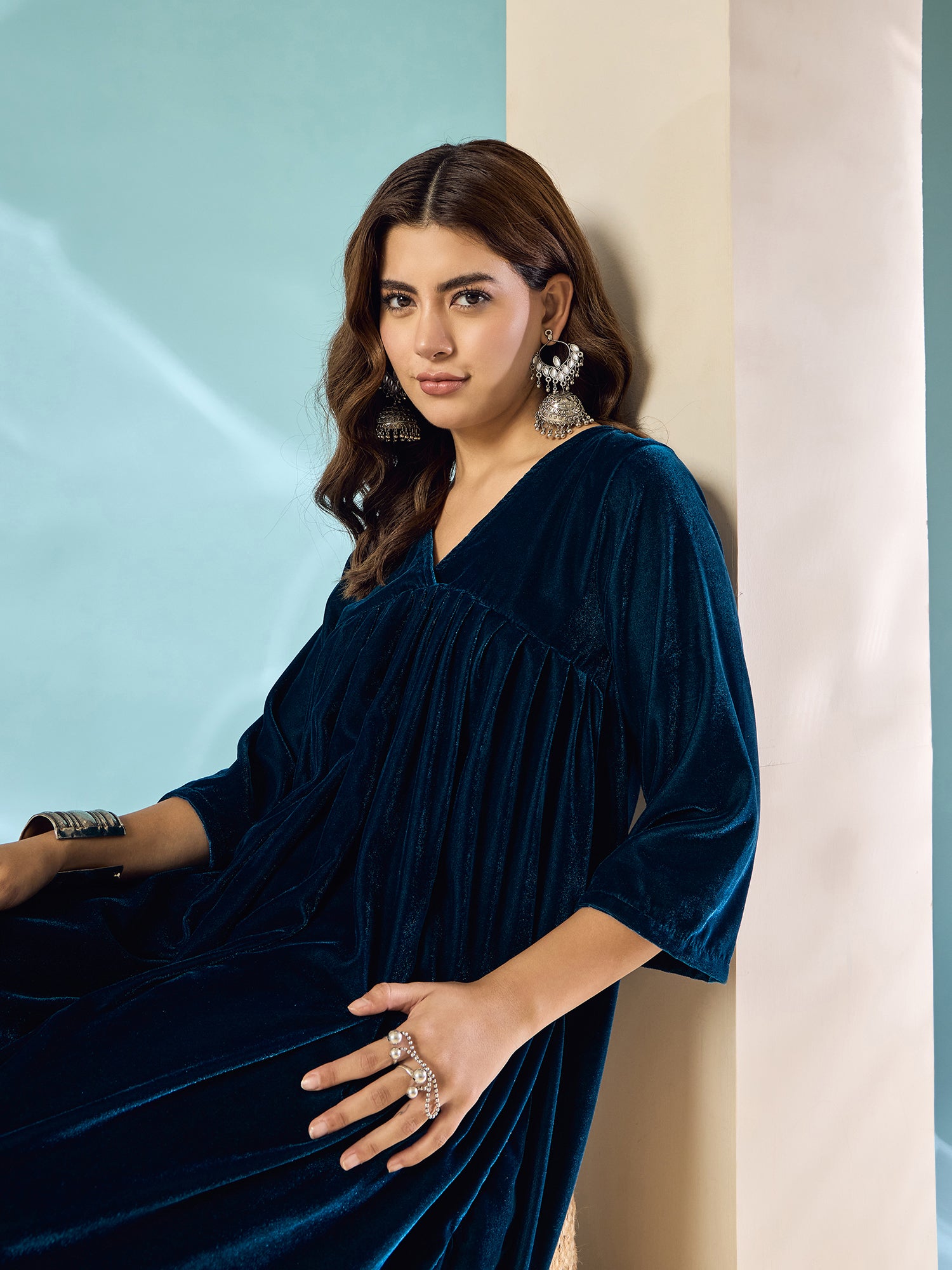 Peacock Teal Velvet Flared Kurta Set