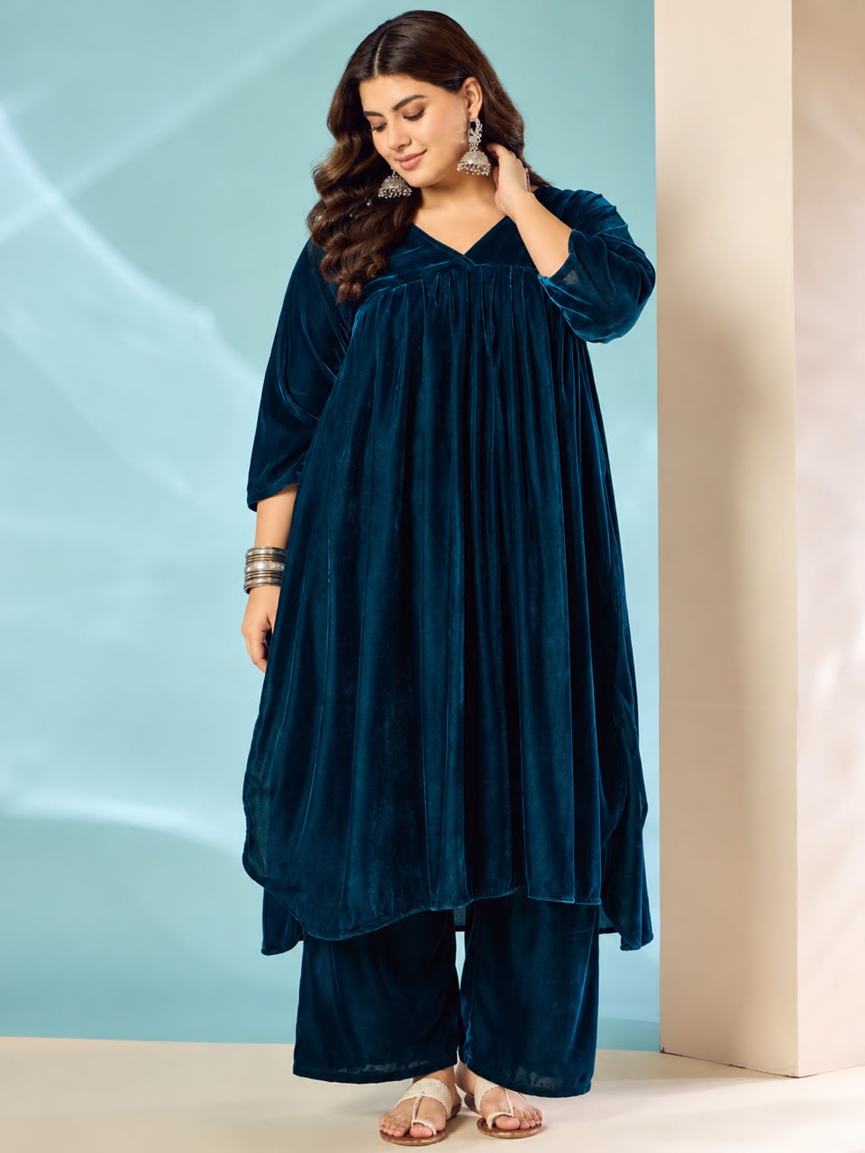 Peacock Teal Velvet Flared Kurta Set