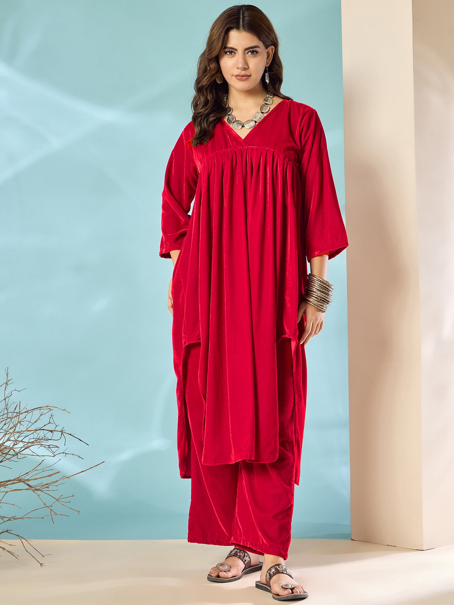 Pink Red Velvet Flared Kurta Set