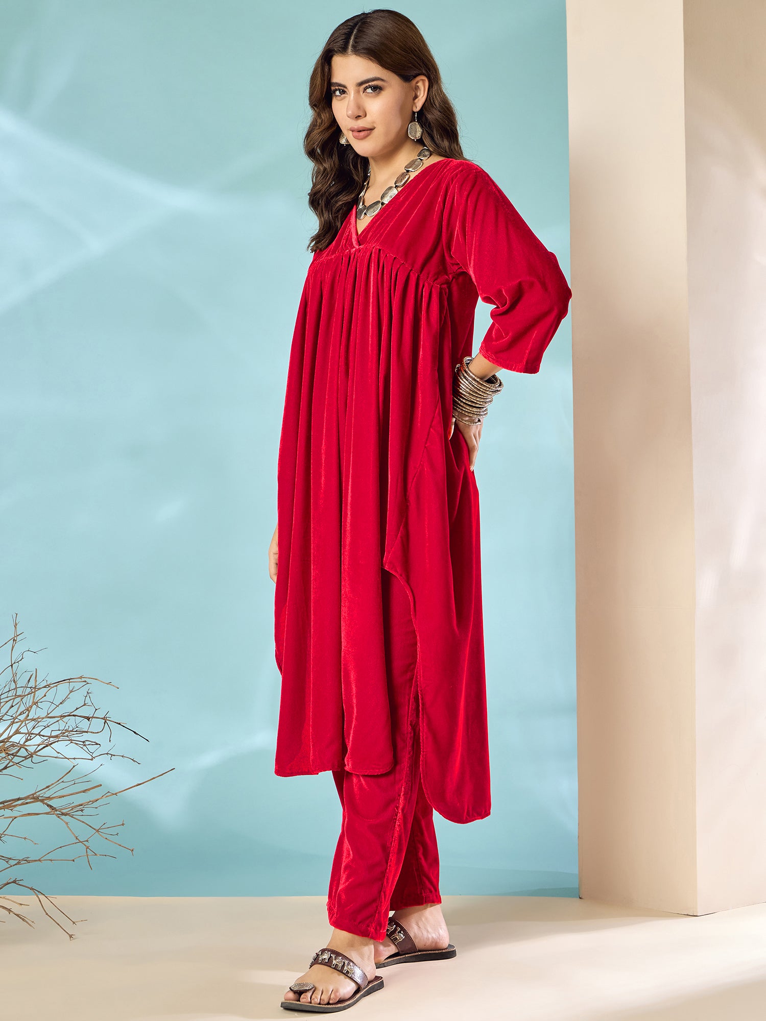 Pink Red Velvet Flared Kurta Set