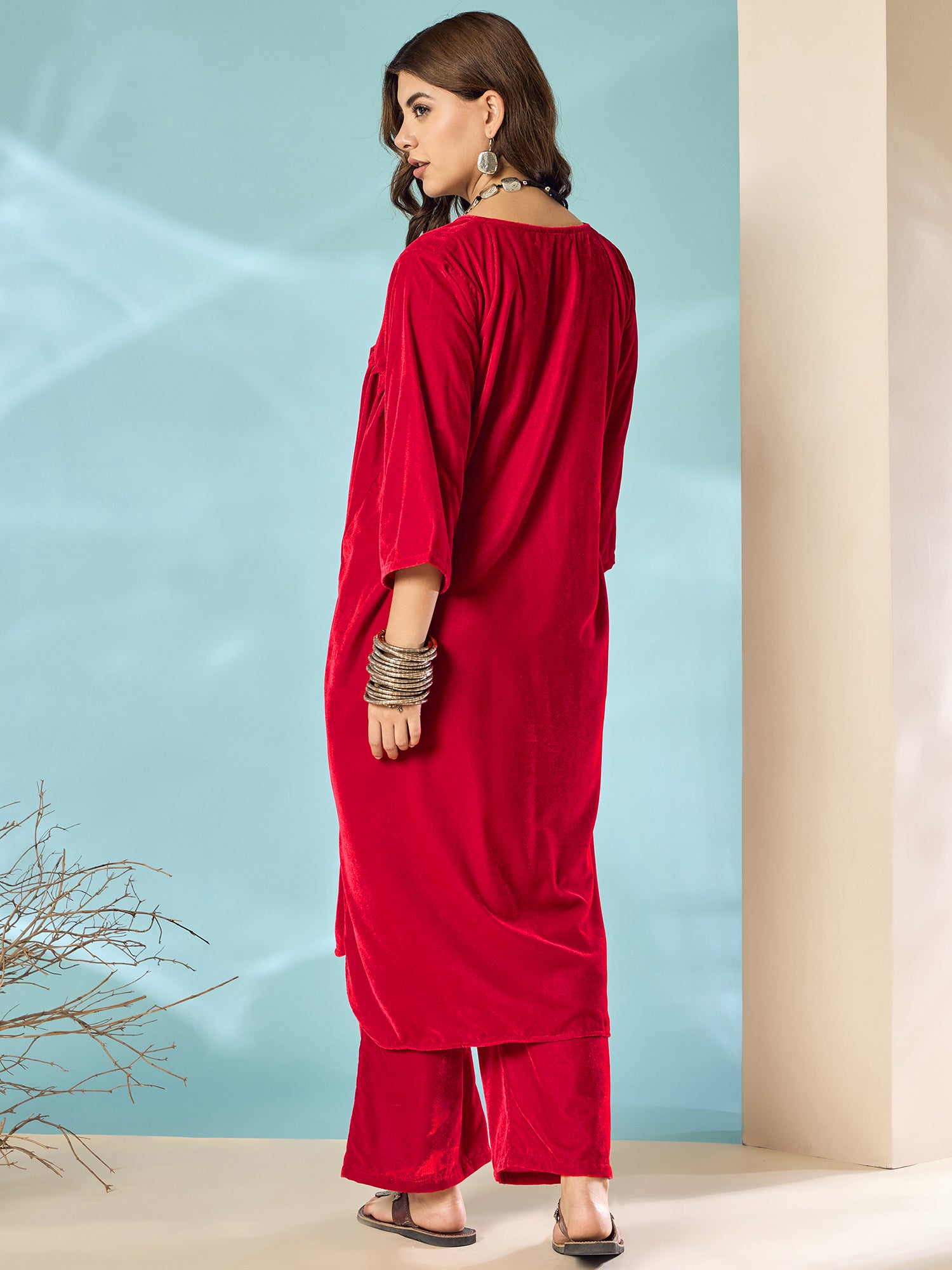 Pink Red Velvet Flared Kurta Set