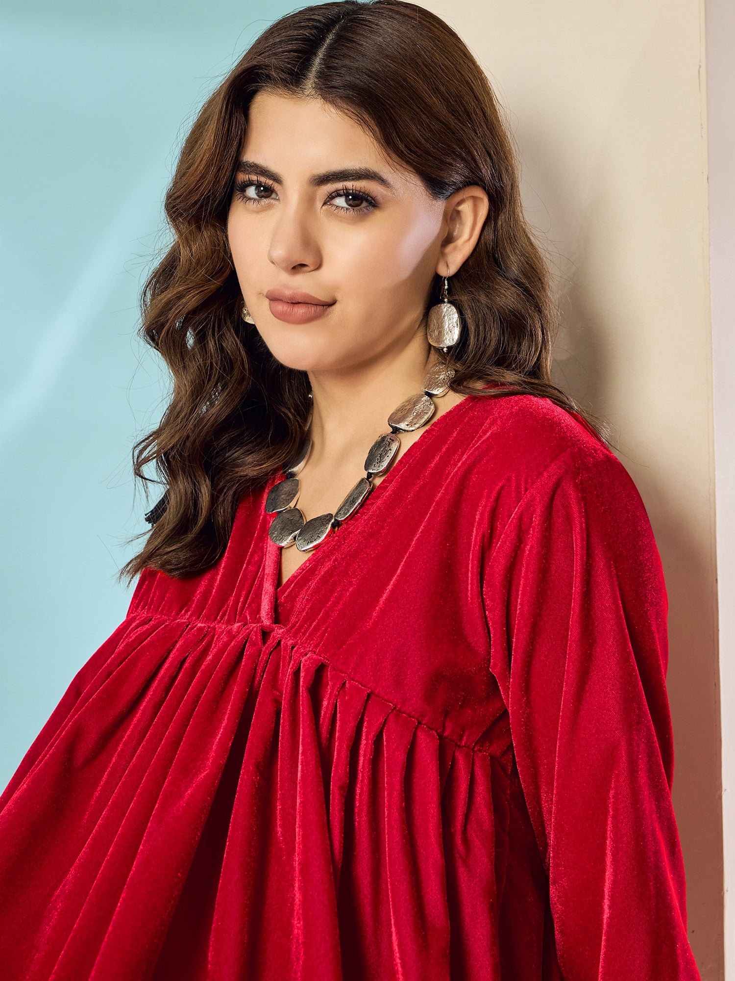 Pink Red Velvet Flared Kurta Set