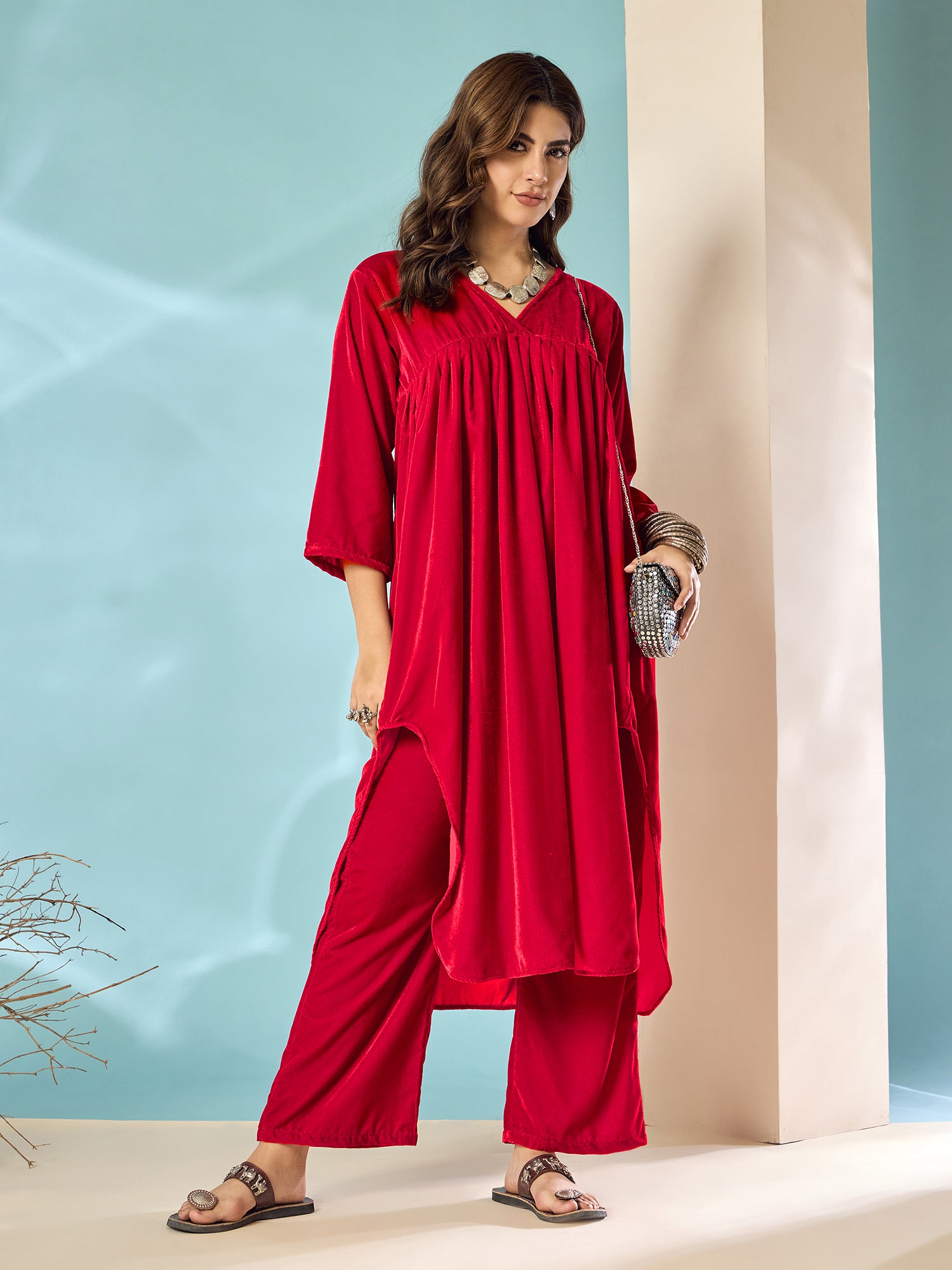 Pink Red Velvet Flared Kurta Set