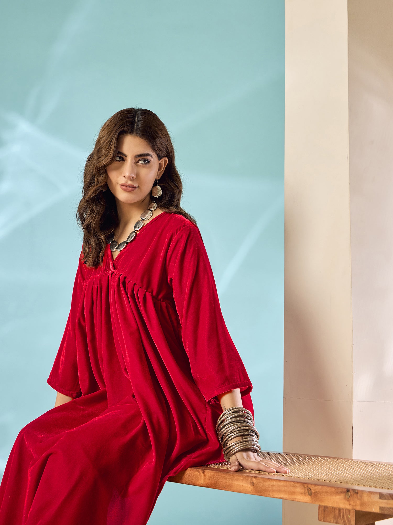 Pink Red Velvet Flared Kurta Set