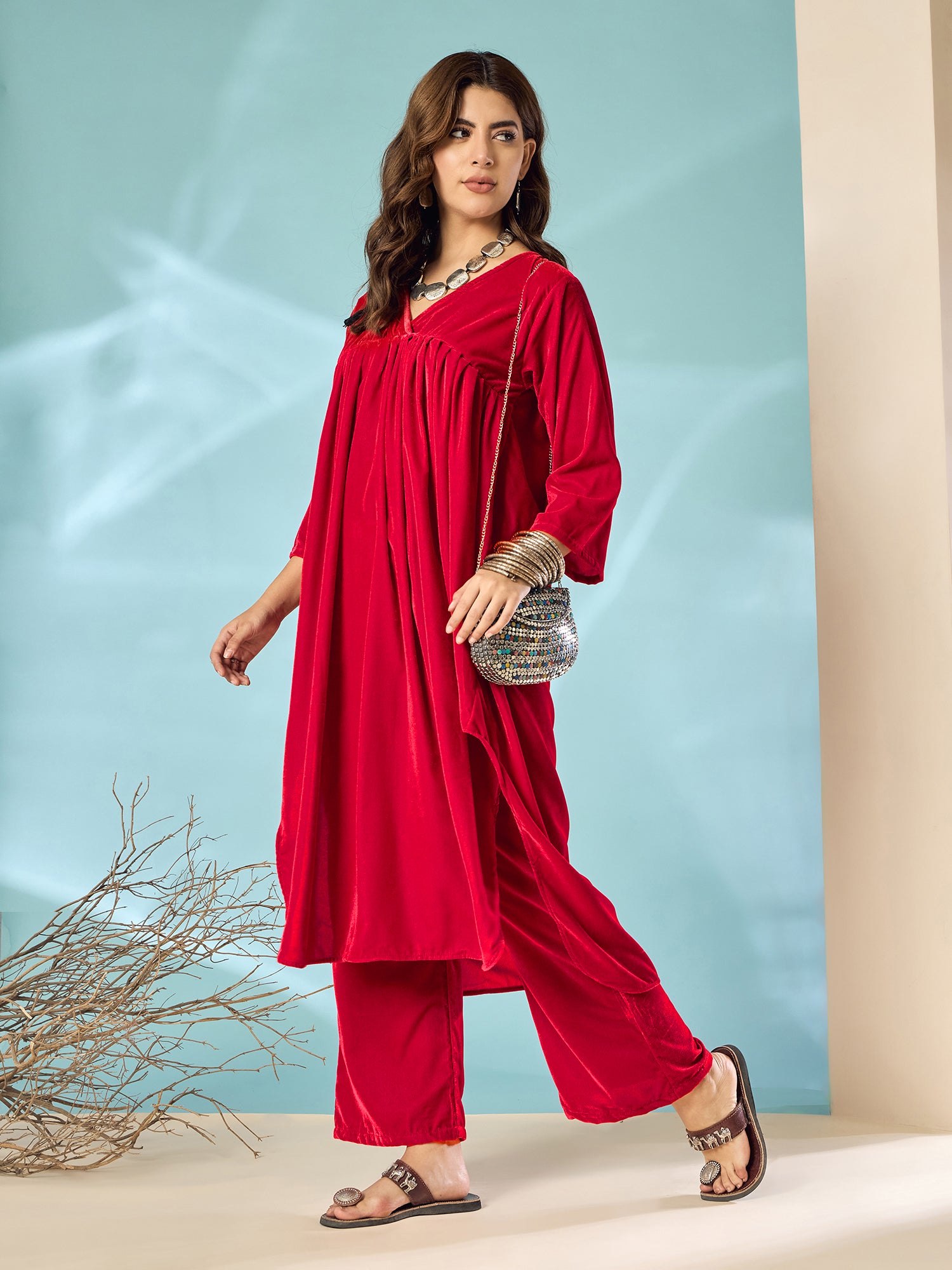Pink Red Velvet Flared Kurta Set