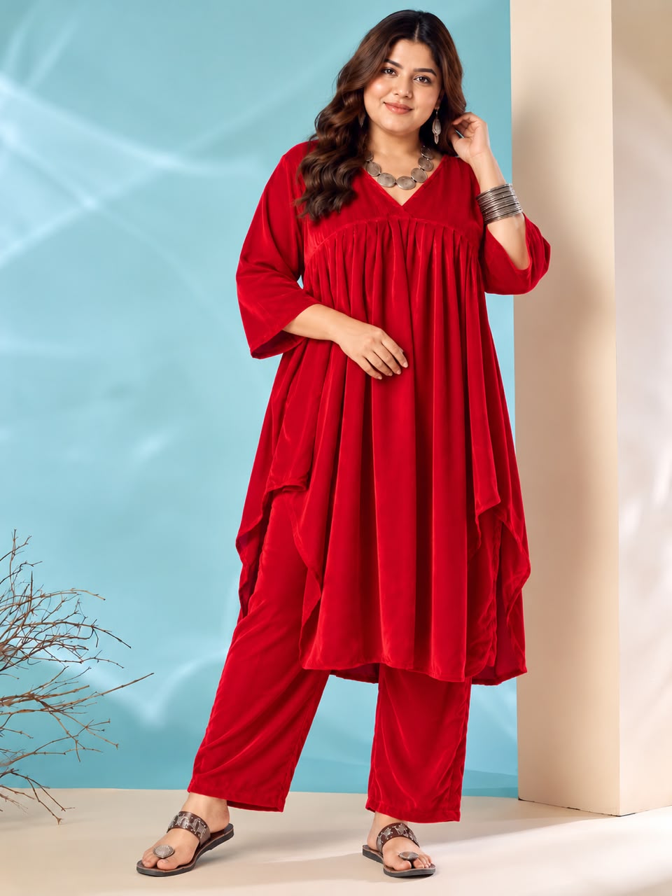 Pink Red Velvet Flared Kurta Set