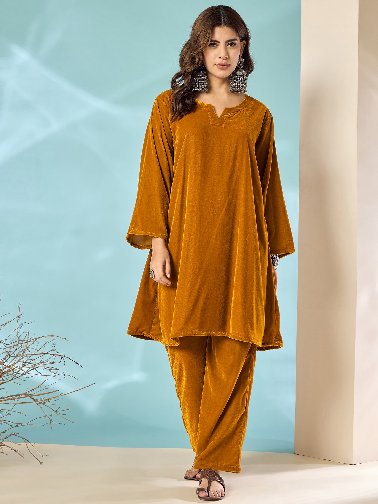 Marigold Velvet Long Sleeve Kurta Set