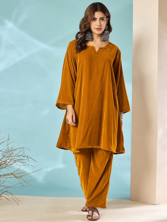 Marigold Velvet Long Sleeve Kurta Set
