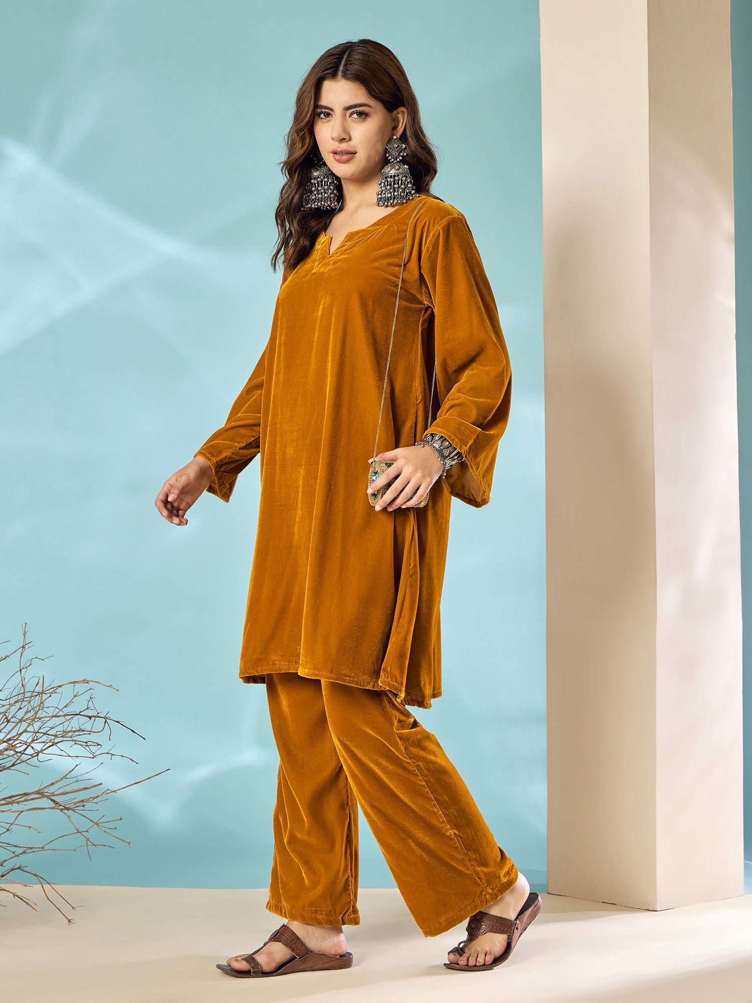 Marigold Velvet Long Sleeve Kurta Set
