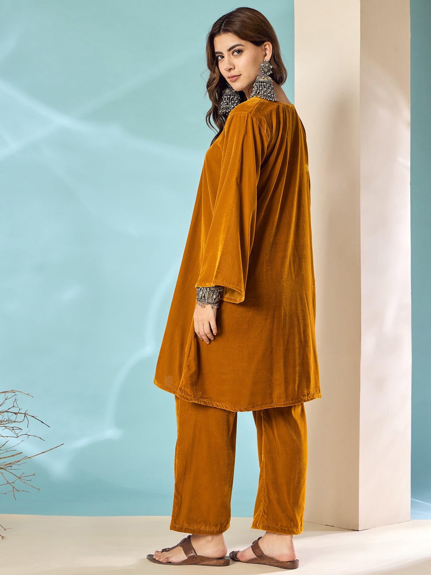 Marigold Velvet Long Sleeve Kurta Set