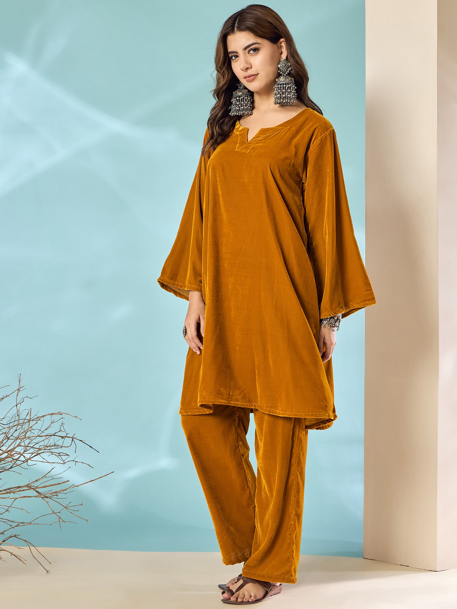 Marigold Velvet Long Sleeve Kurta Set