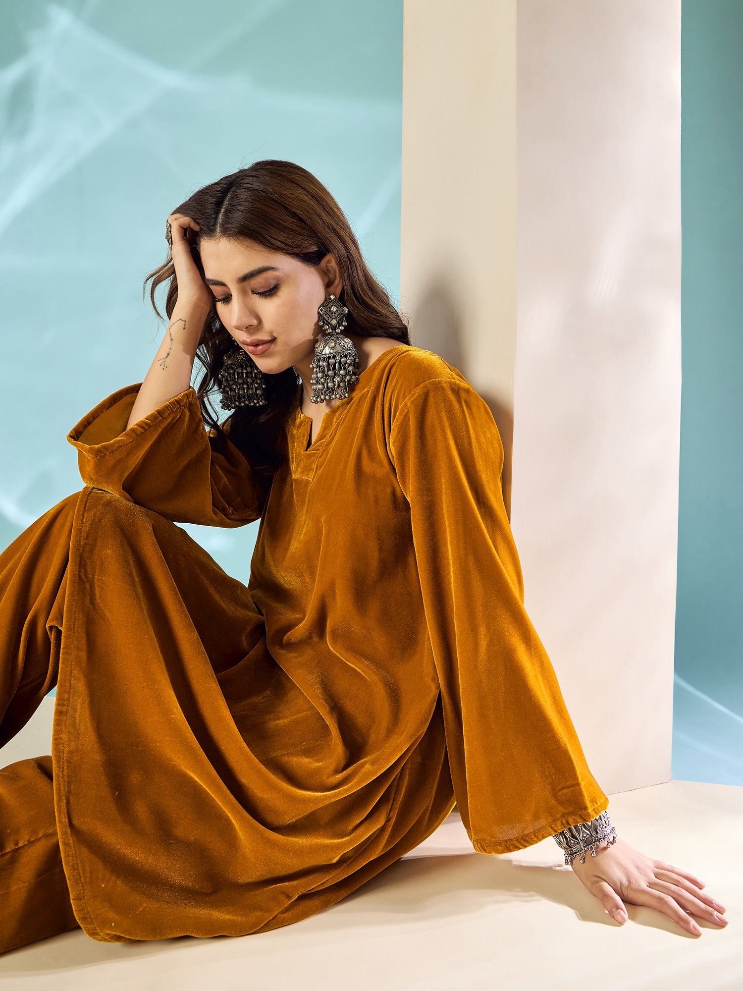 Marigold Velvet Long Sleeve Kurta Set