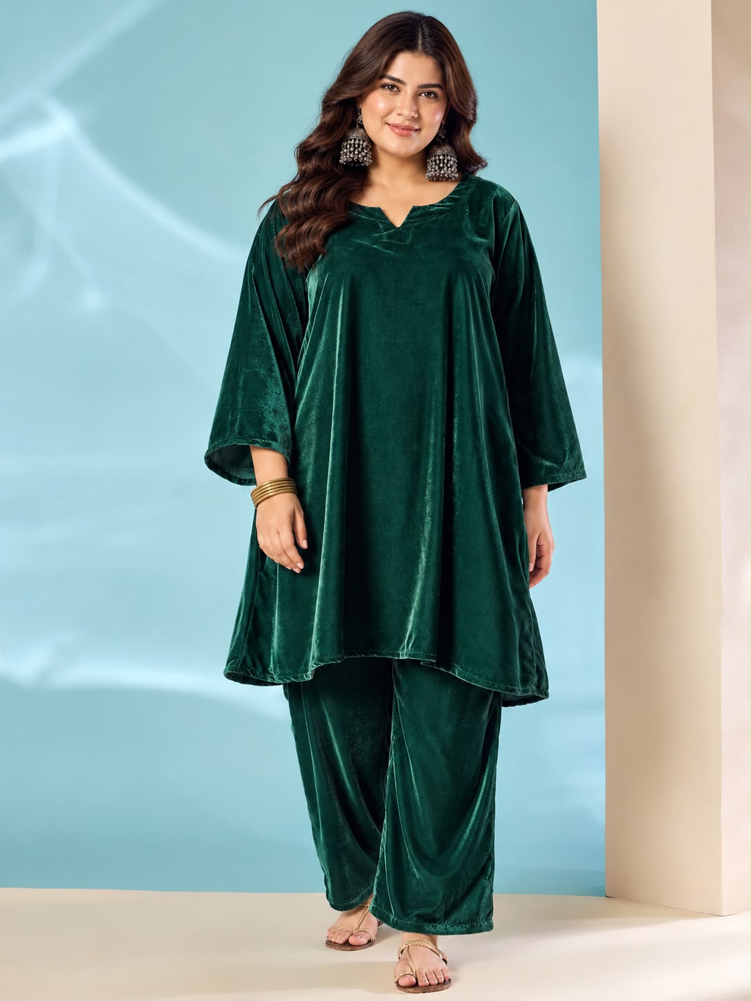 Teal Green Velvet Long Sleeve Kurta Set