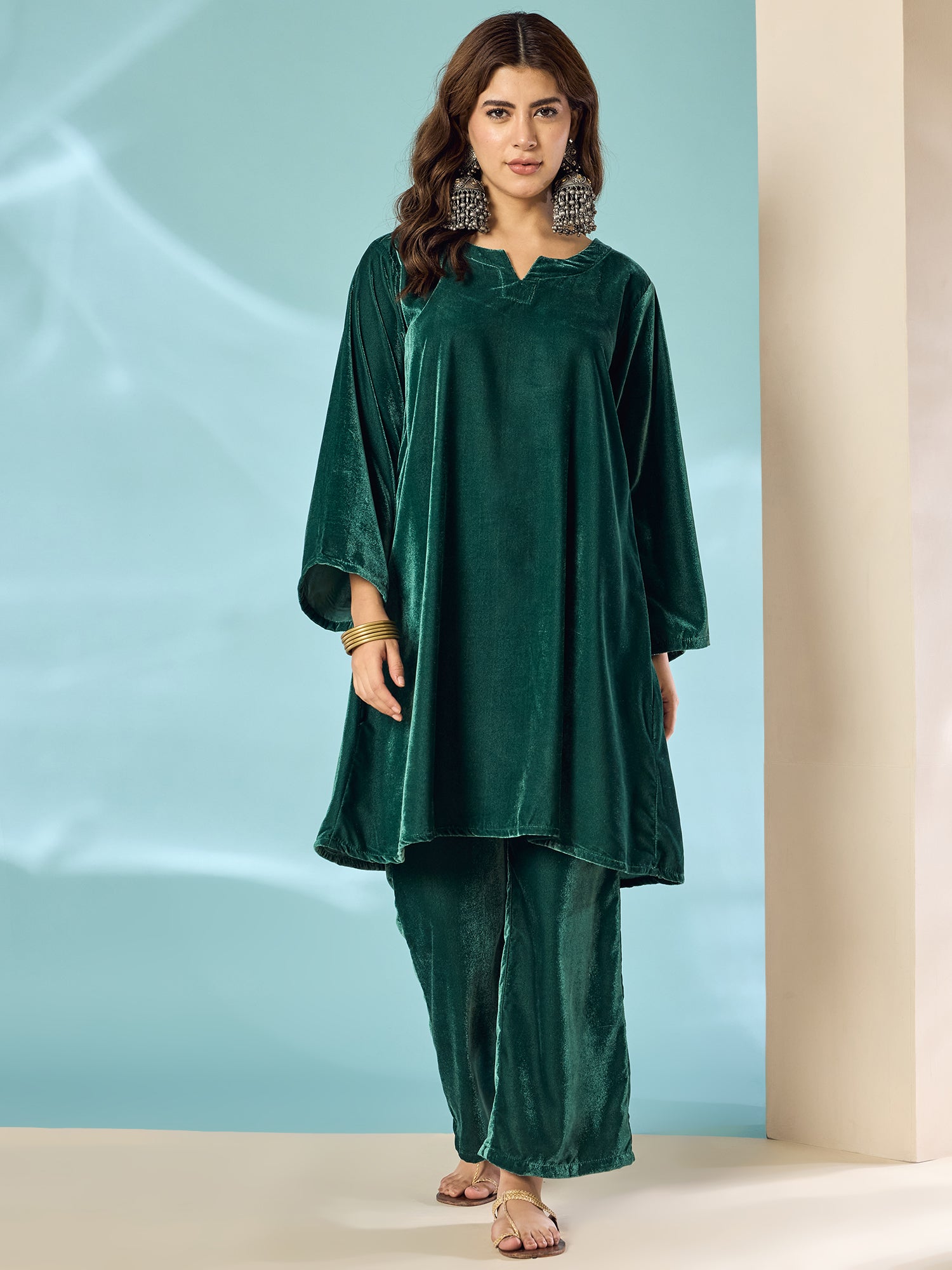 Teal Green Velvet Long Sleeve Kurta Set