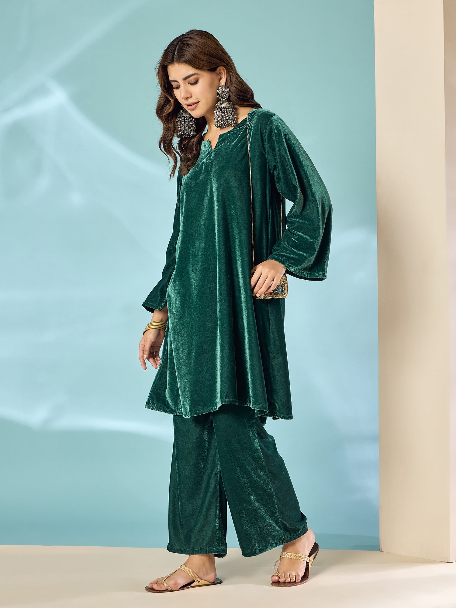 Teal Green Velvet Long Sleeve Kurta Set