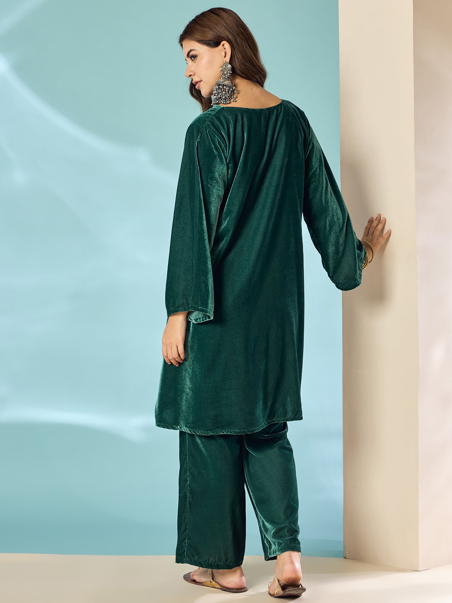 Teal Green Velvet Long Sleeve Kurta Set