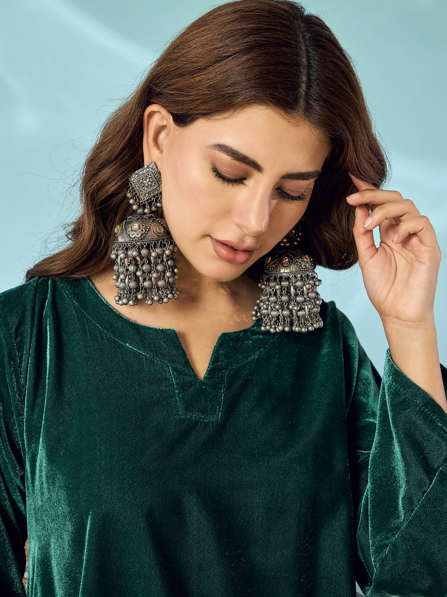 Teal Green Velvet Long Sleeve Kurta Set