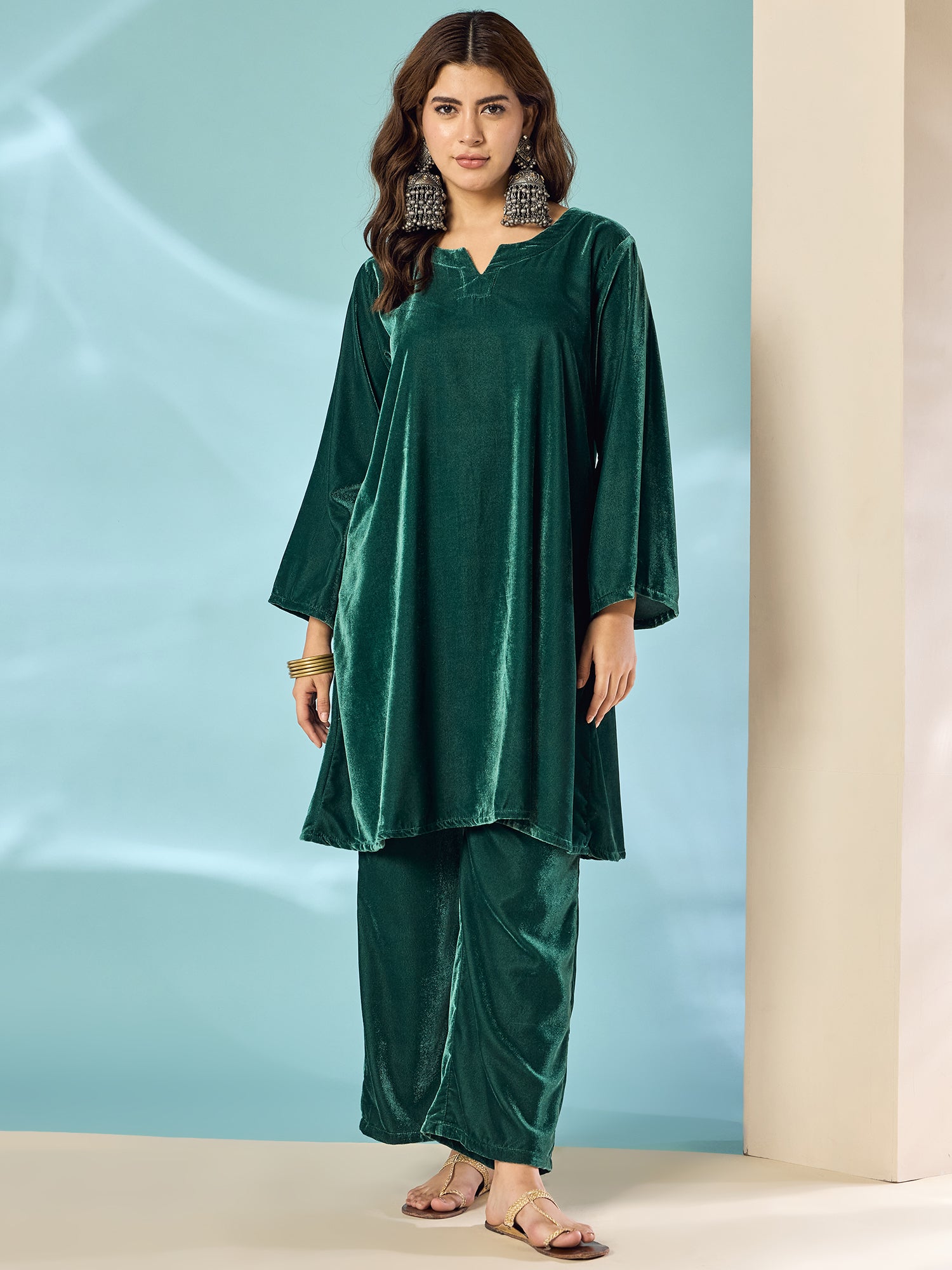Teal Green Velvet Long Sleeve Kurta Set