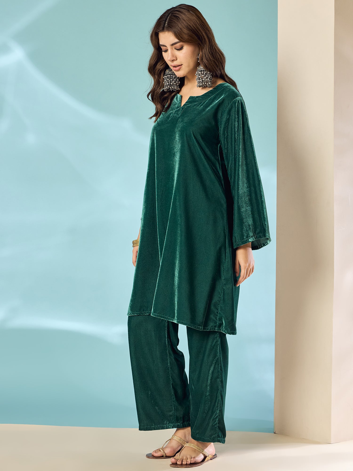 Teal Green Velvet Long Sleeve Kurta Set