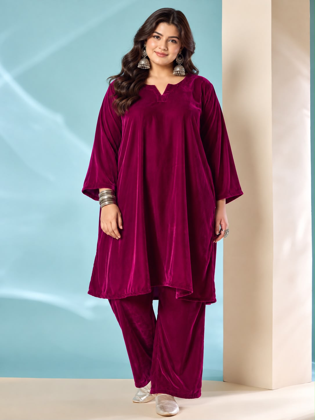 Wine Velvet Long Sleeve Kurta Set