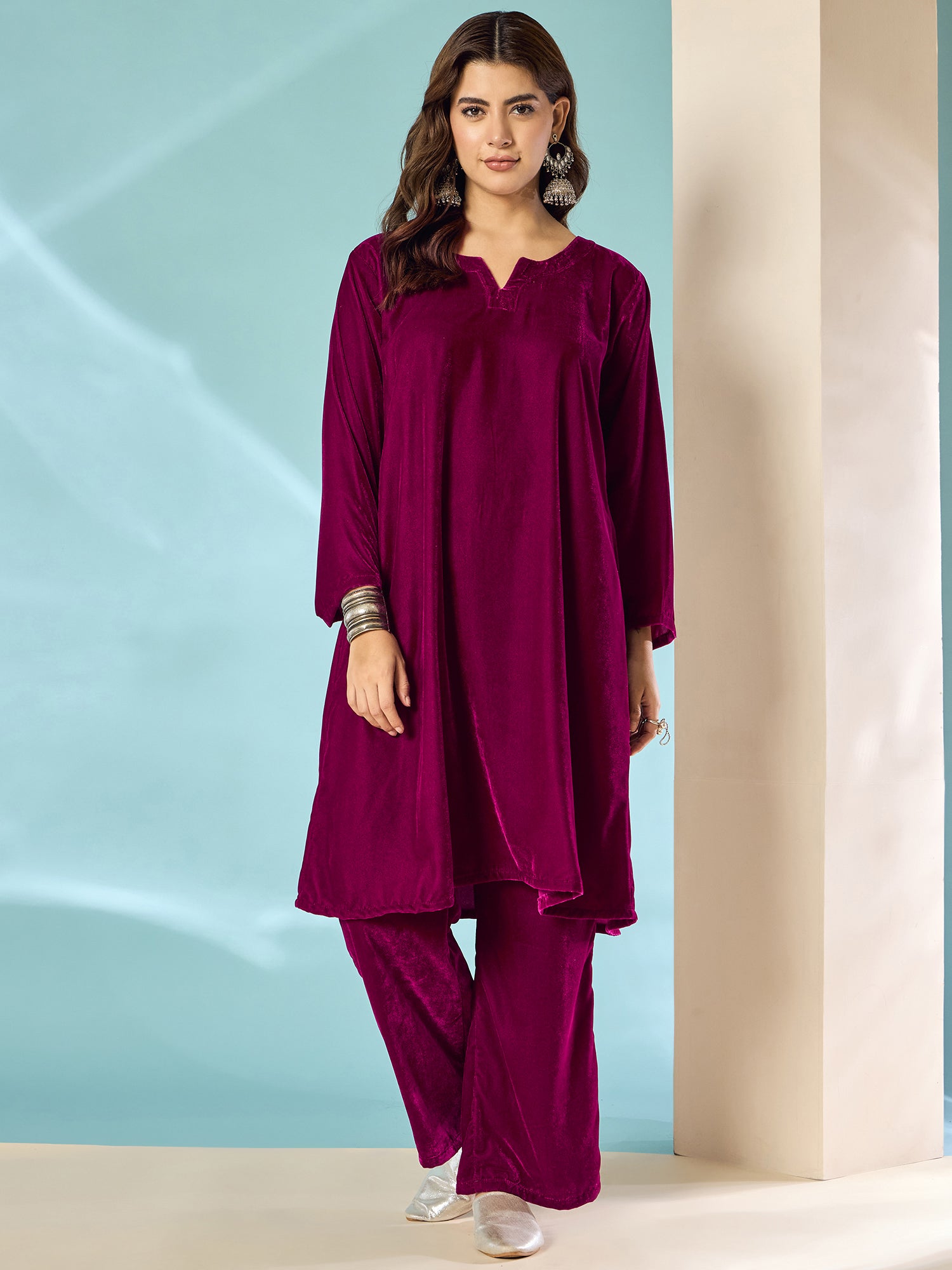 Wine Velvet Long Sleeve Kurta Set