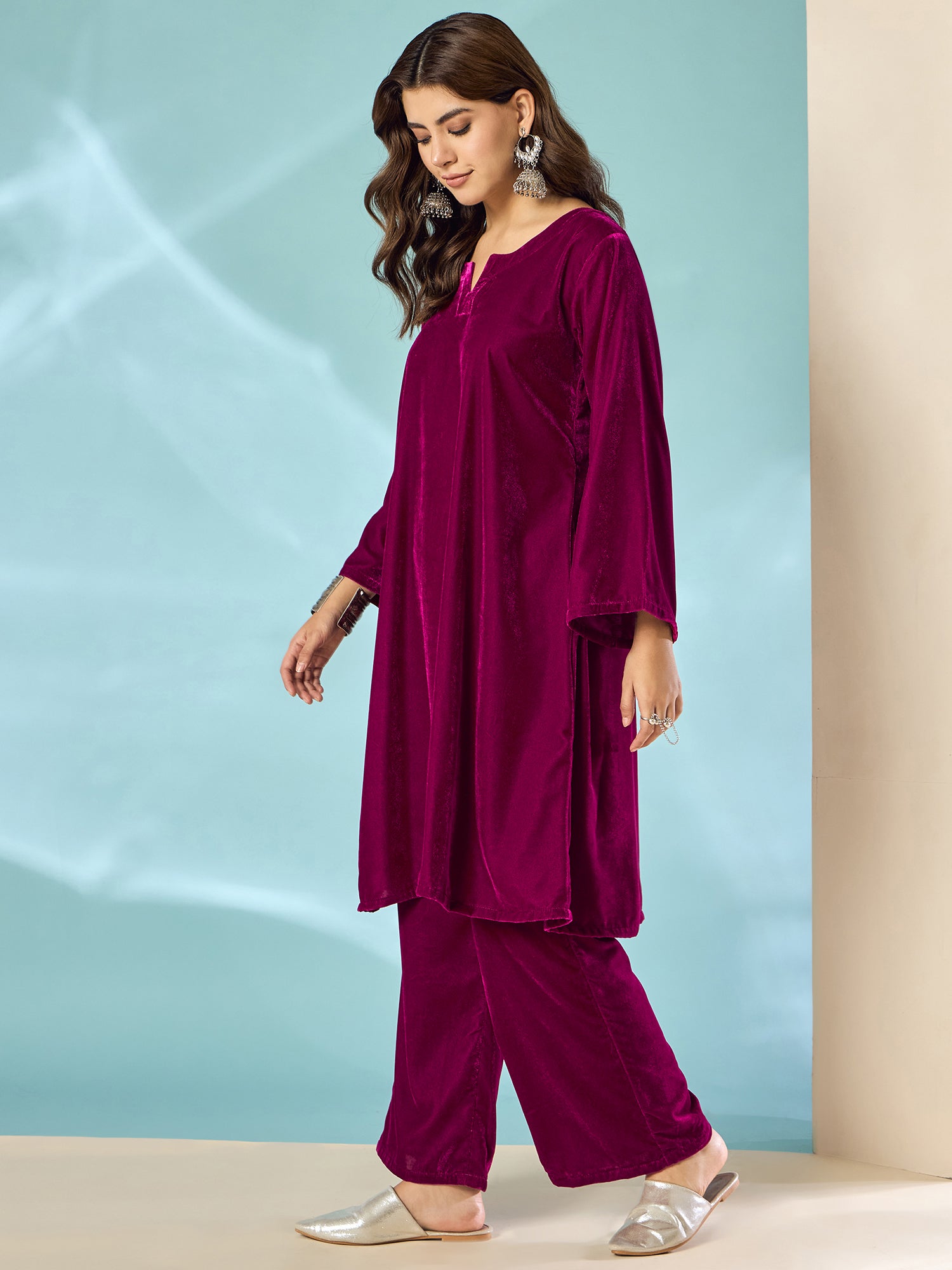 Wine Velvet Long Sleeve Kurta Set