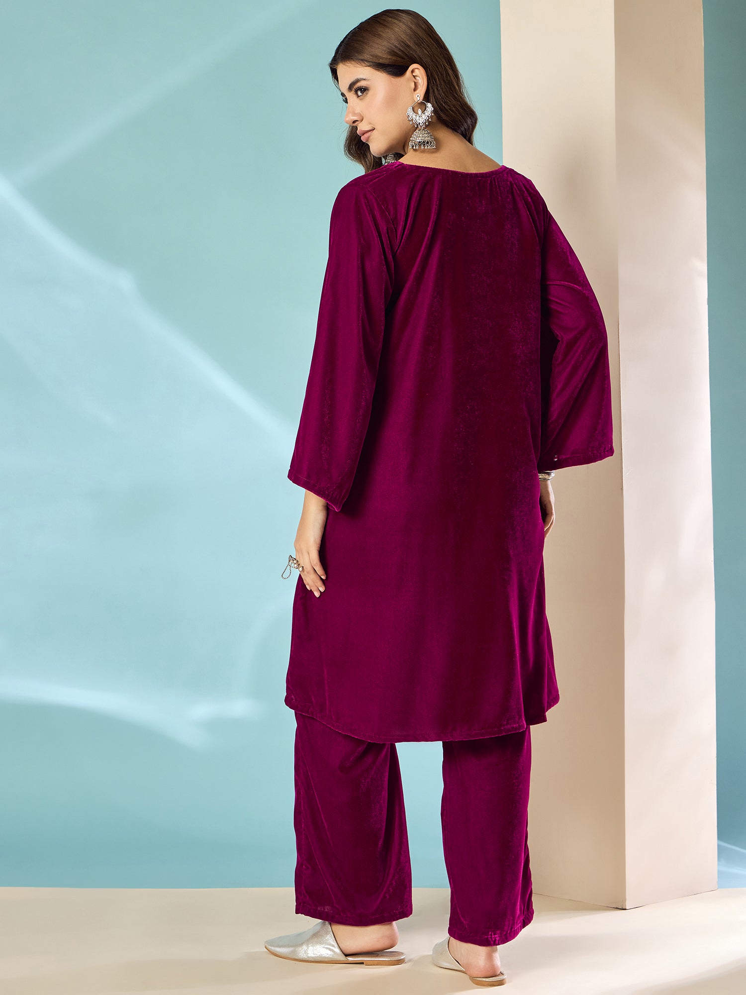 Wine Velvet Long Sleeve Kurta Set