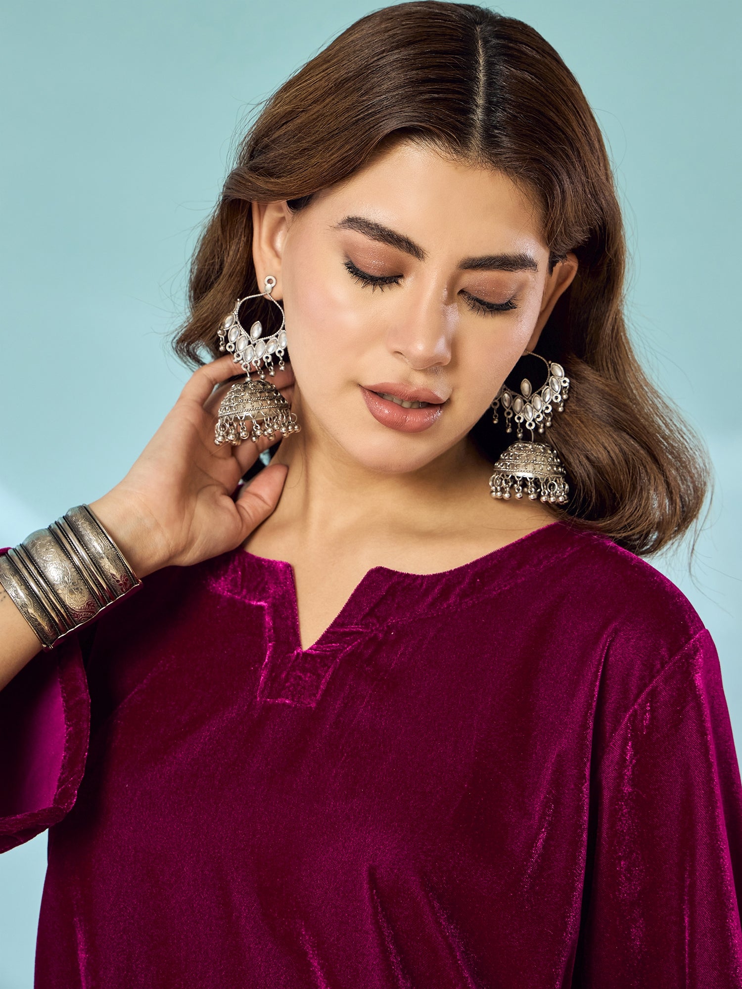 Wine Velvet Long Sleeve Kurta Set