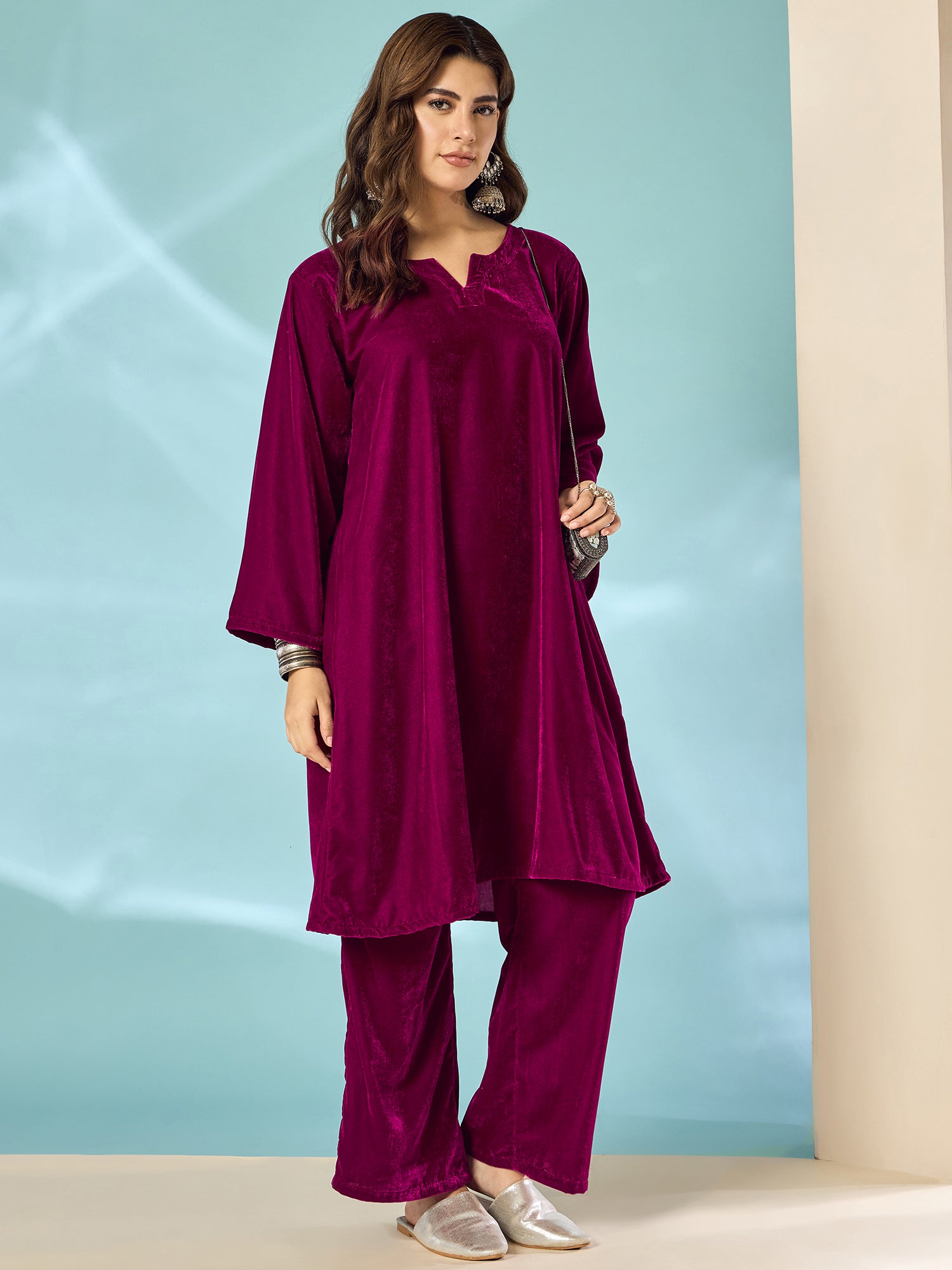 Wine Velvet Long Sleeve Kurta Set