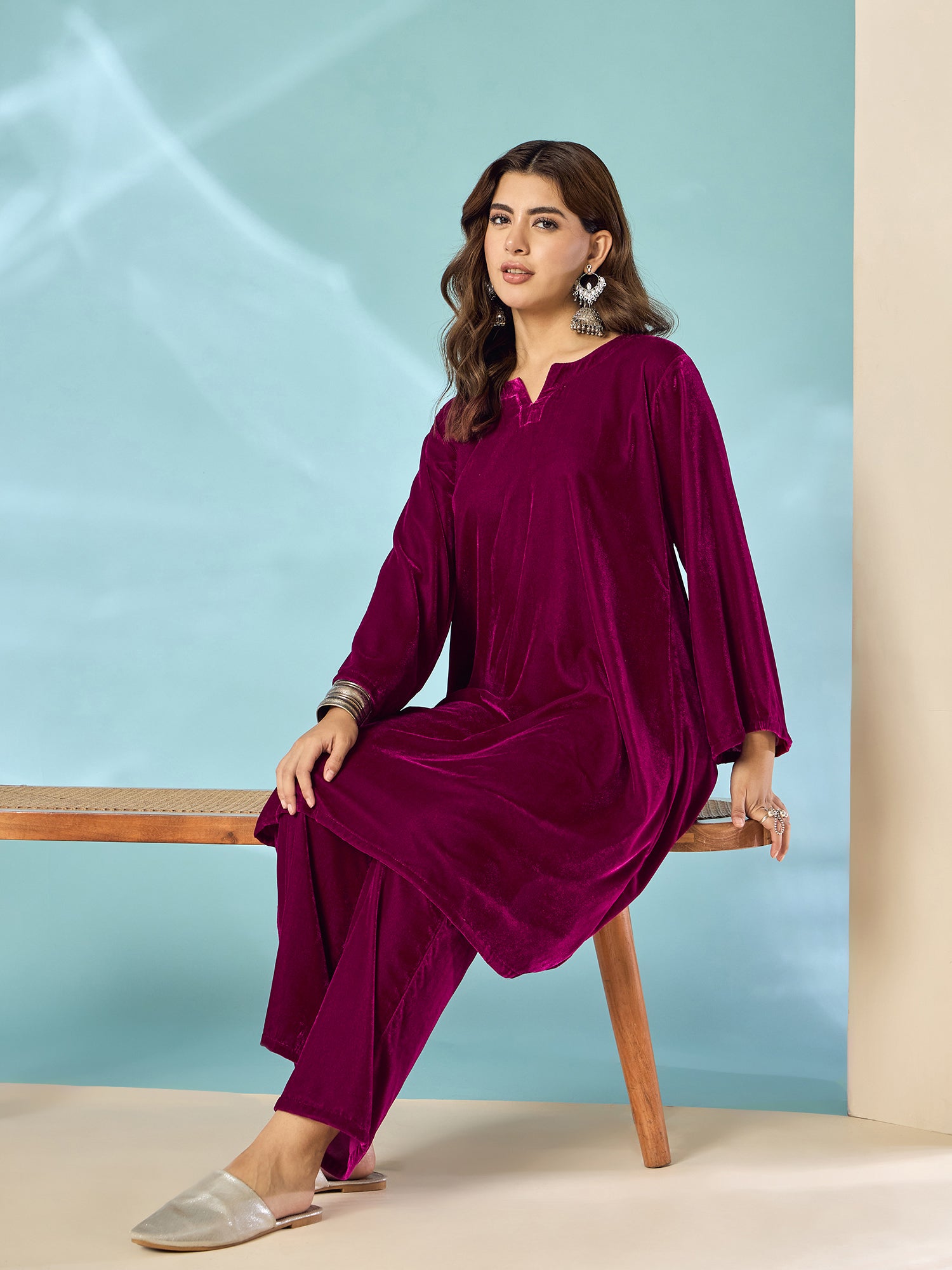 Wine Velvet Long Sleeve Kurta Set
