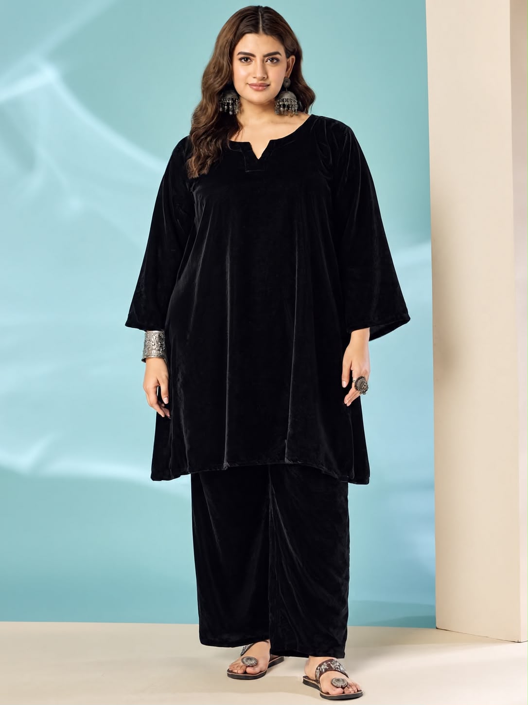 Black Velvet Long Sleeve Kurta Set