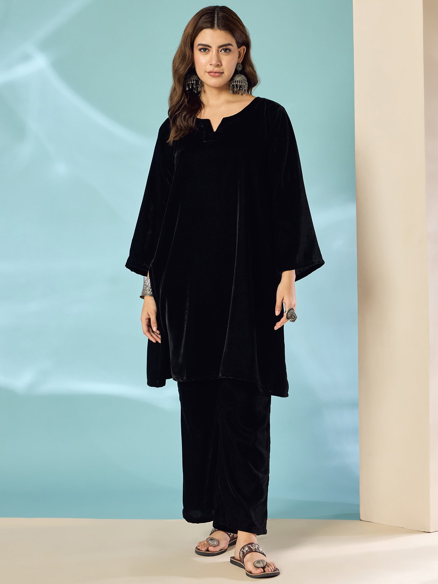Black Velvet Long Sleeve Kurta Set