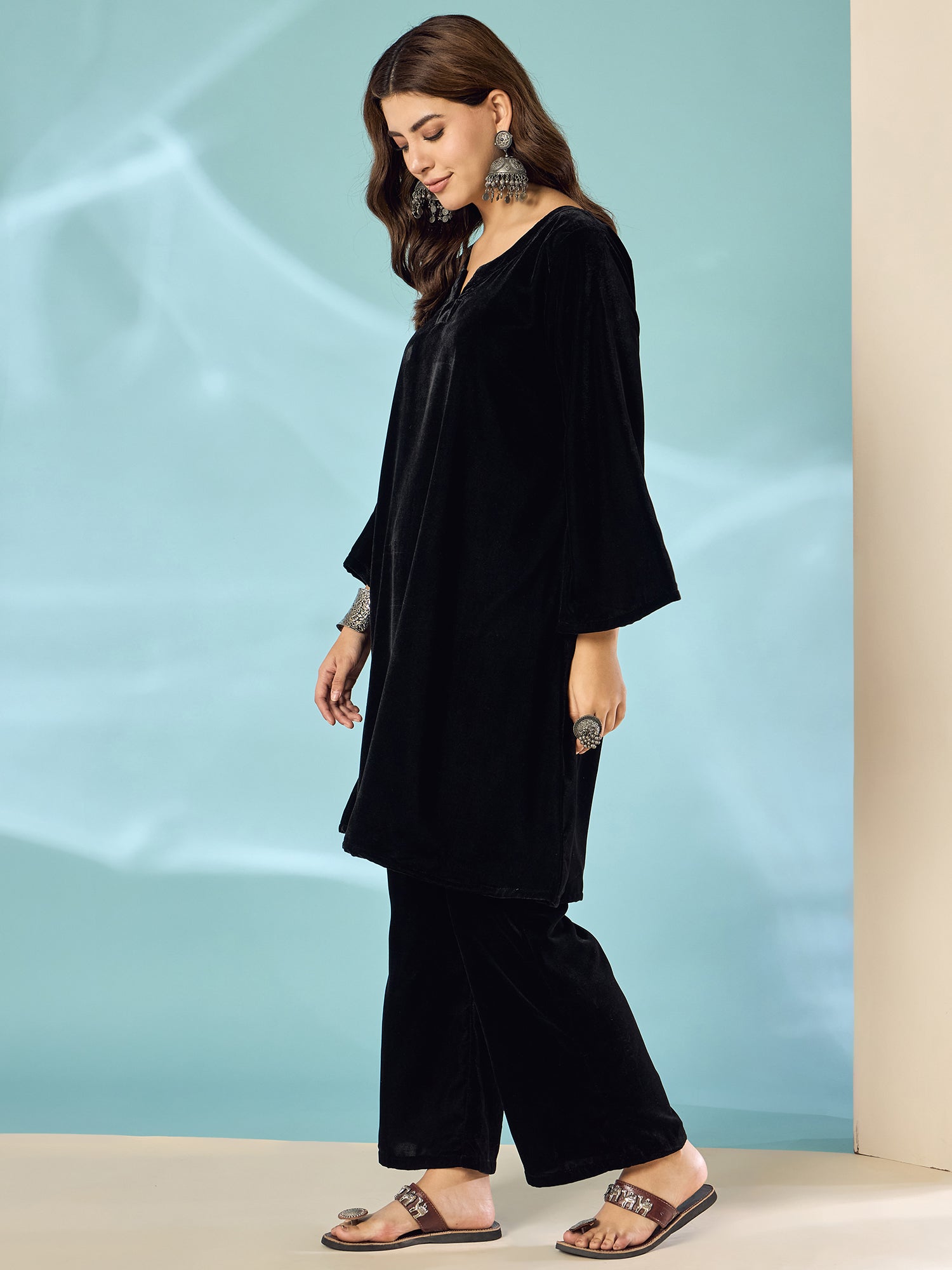 Black Velvet Long Sleeve Kurta Set