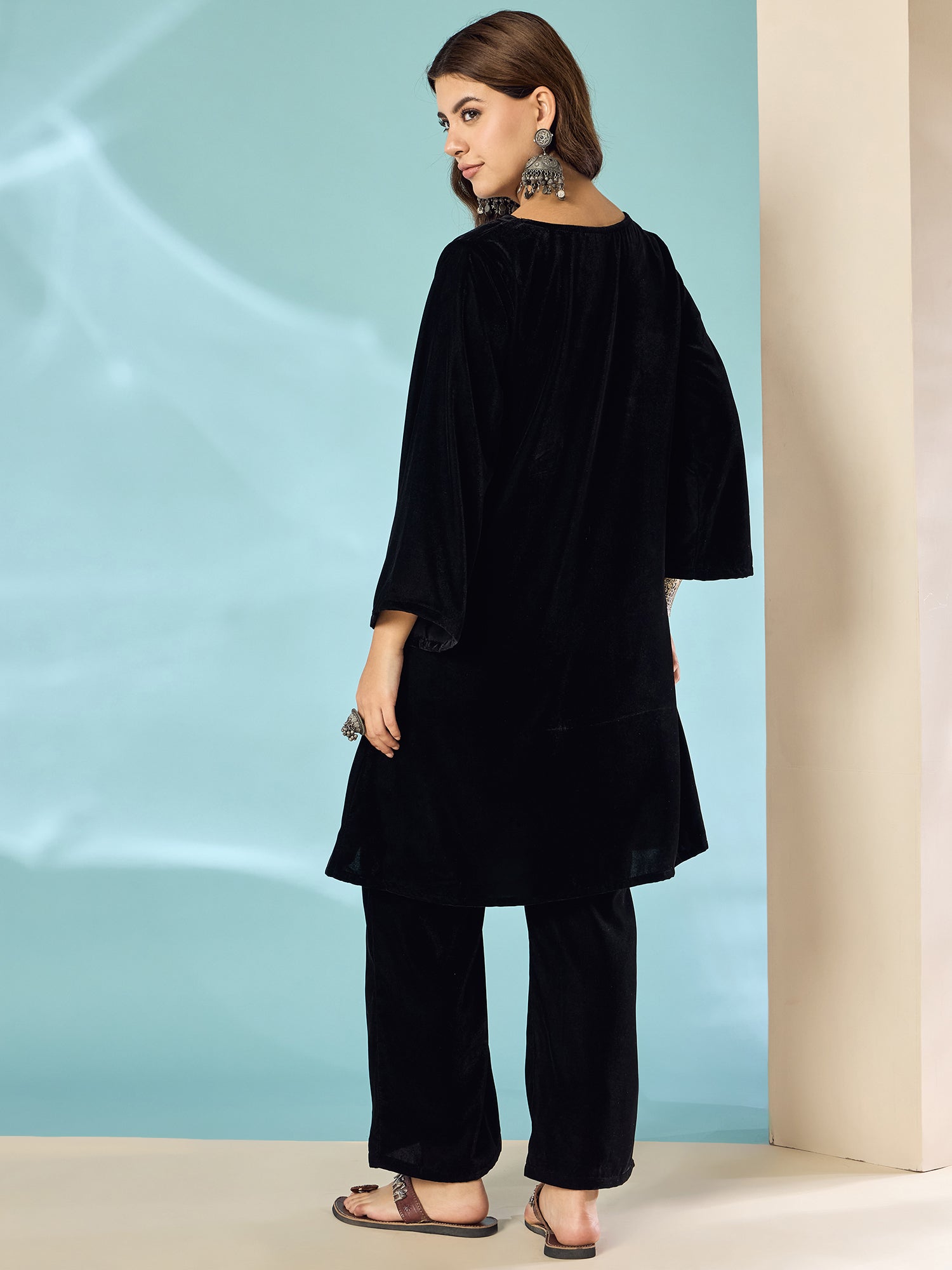 Black Velvet Long Sleeve Kurta Set