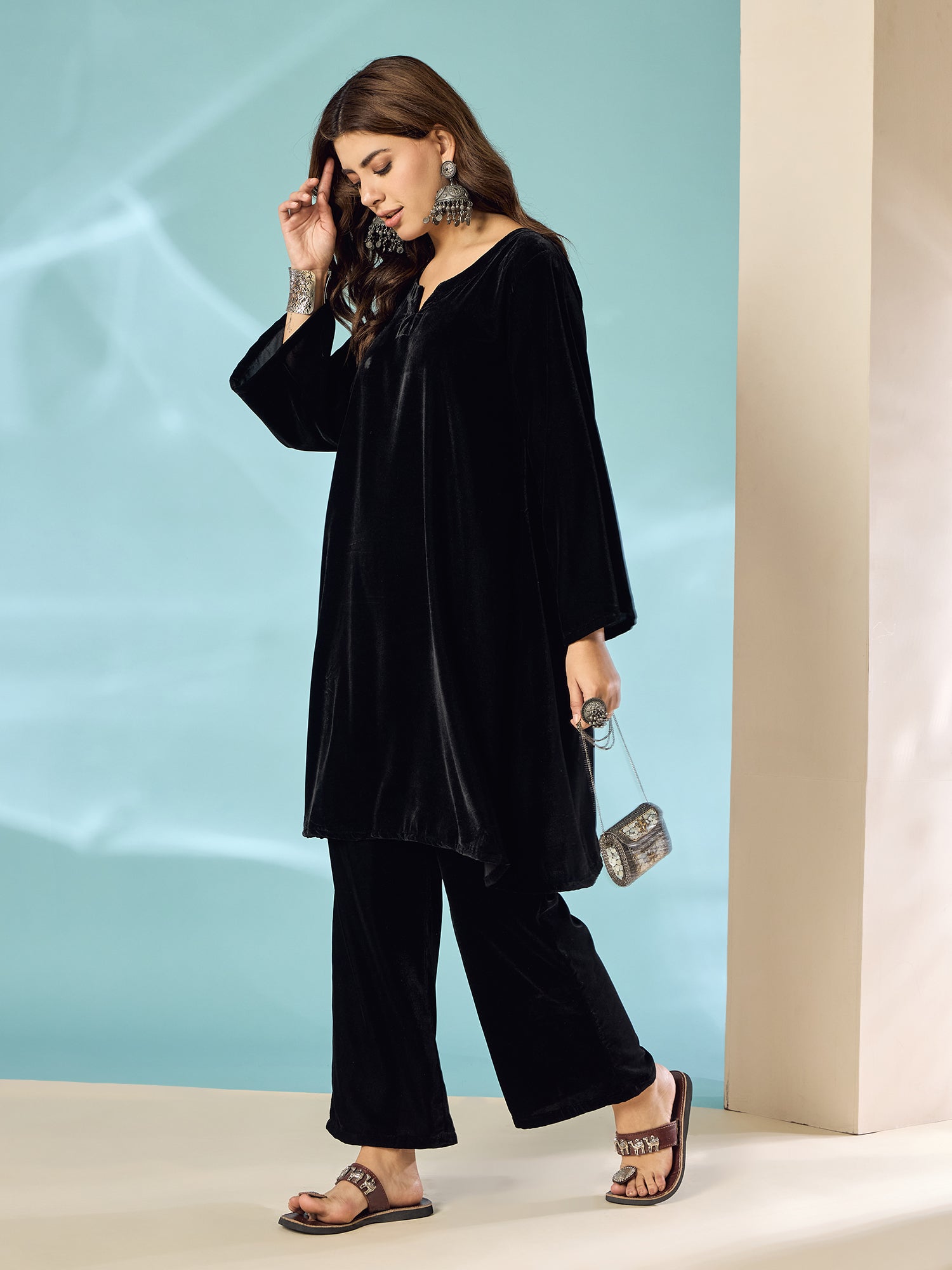 Black Velvet Long Sleeve Kurta Set