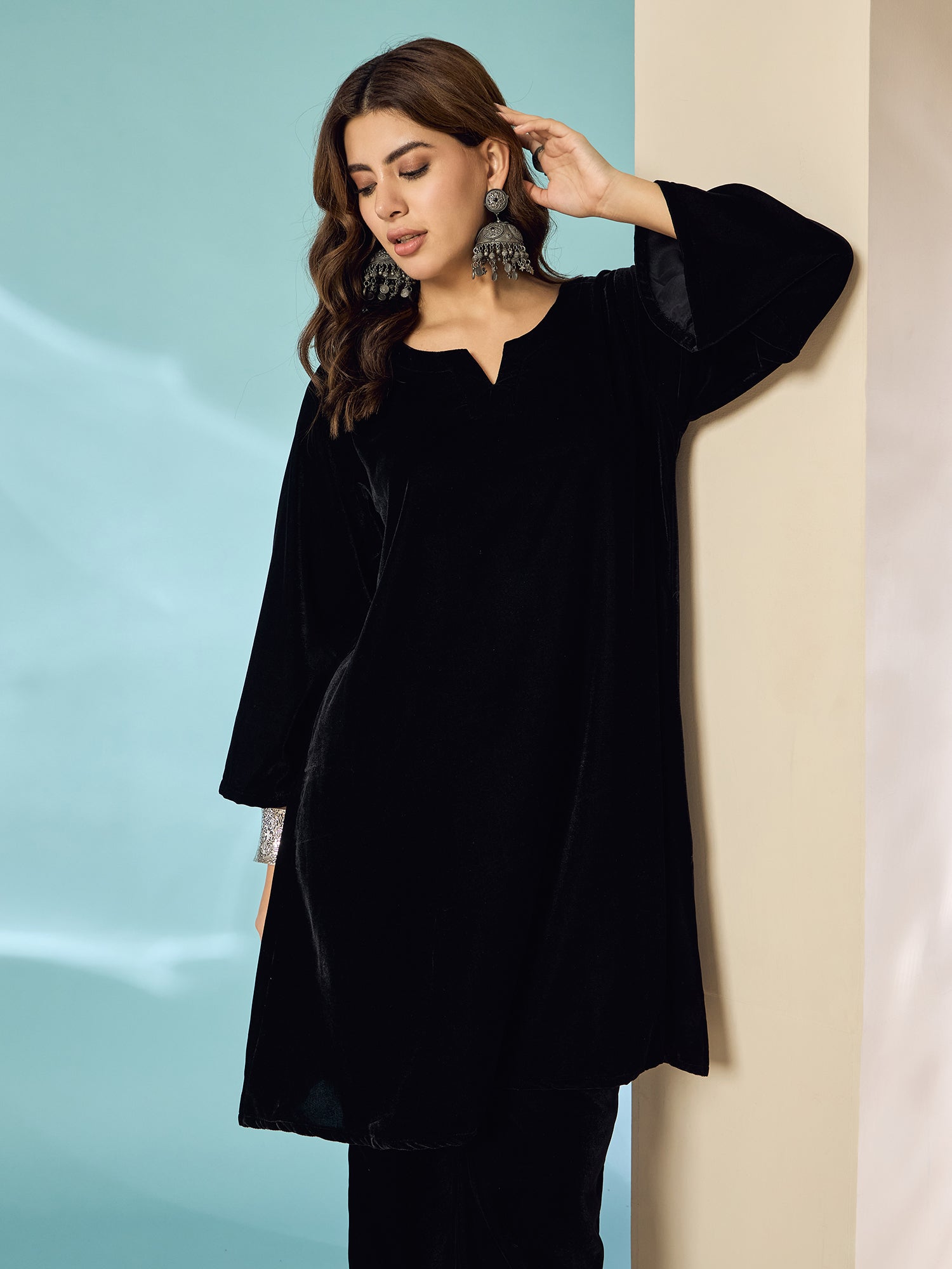 Black Velvet Long Sleeve Kurta Set