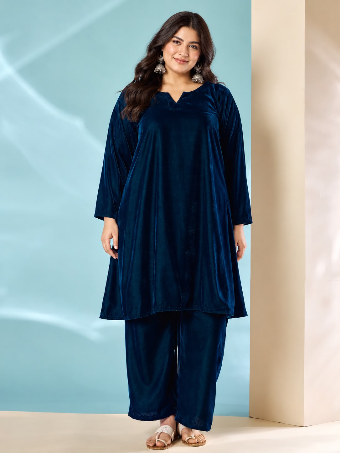 Peacock Teal Velvet Long Sleeve Kurta Set