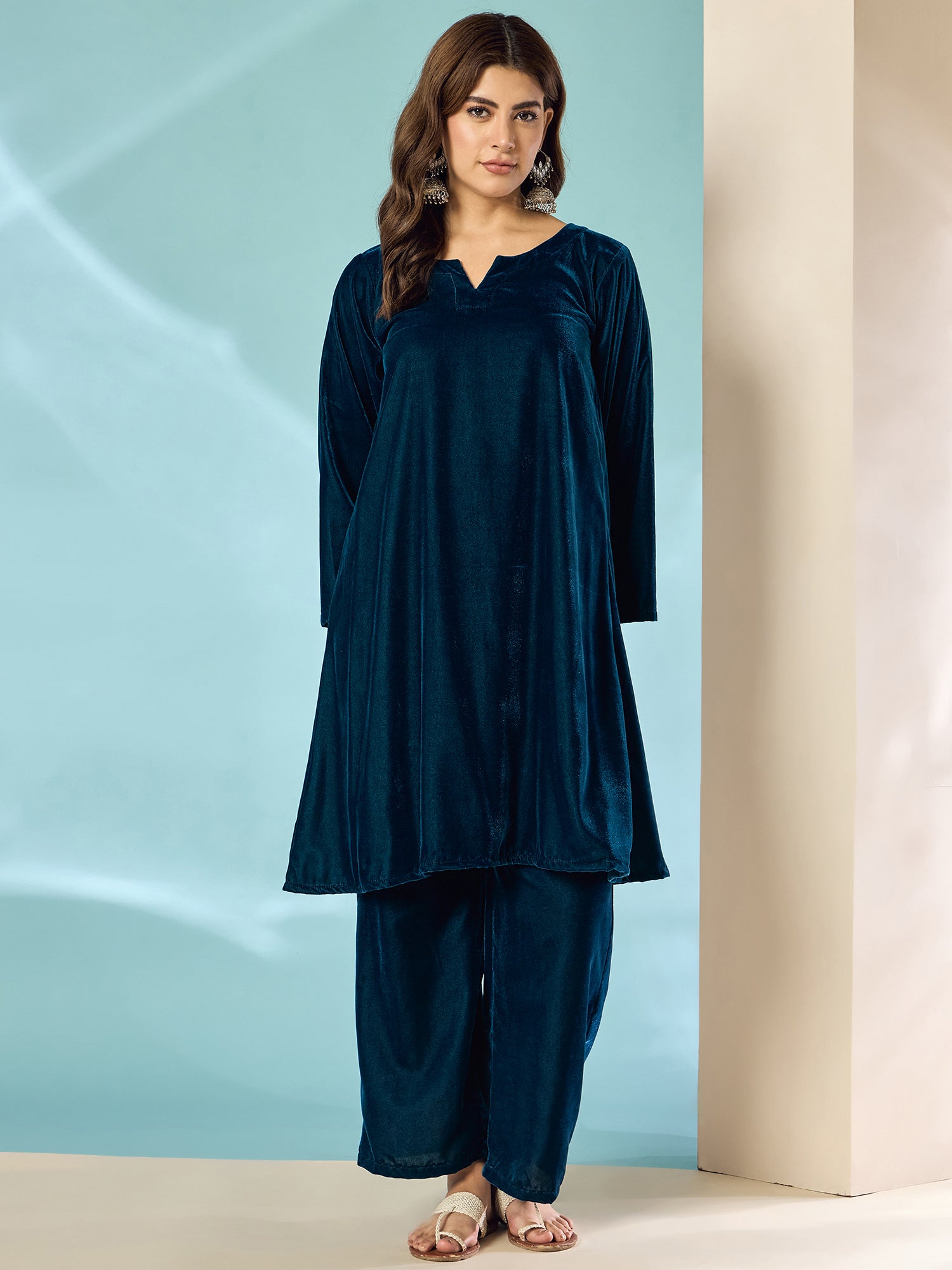 Peacock Teal Velvet Long Sleeve Kurta Set