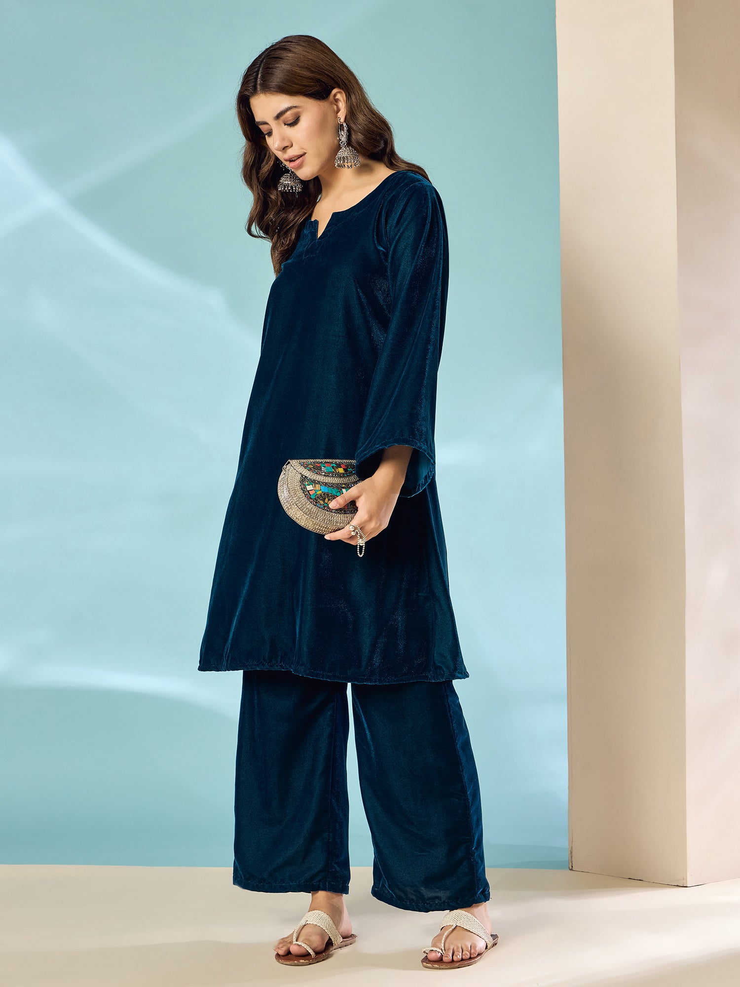 Peacock Teal Velvet Long Sleeve Kurta Set