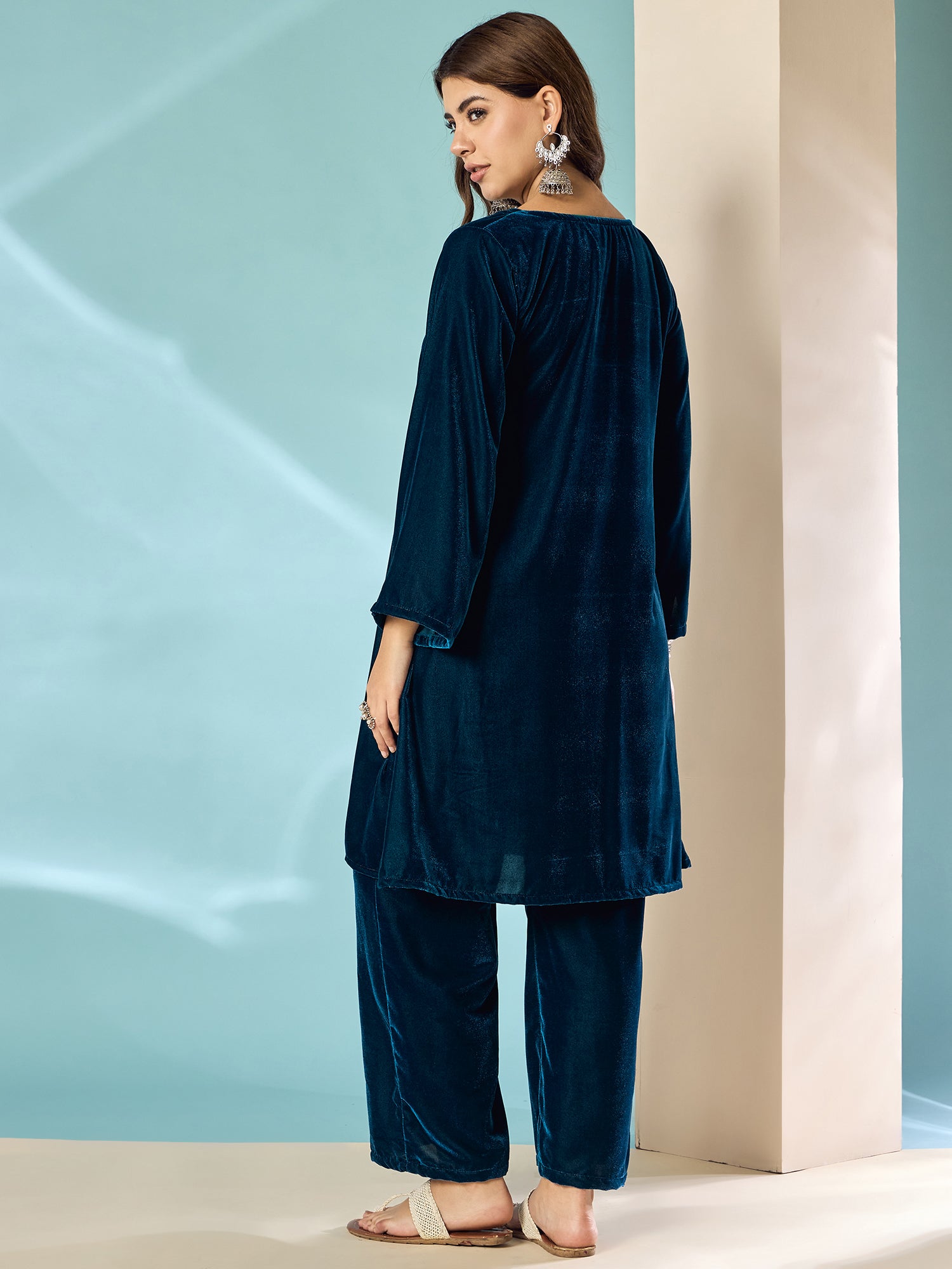 Peacock Teal Velvet Long Sleeve Kurta Set