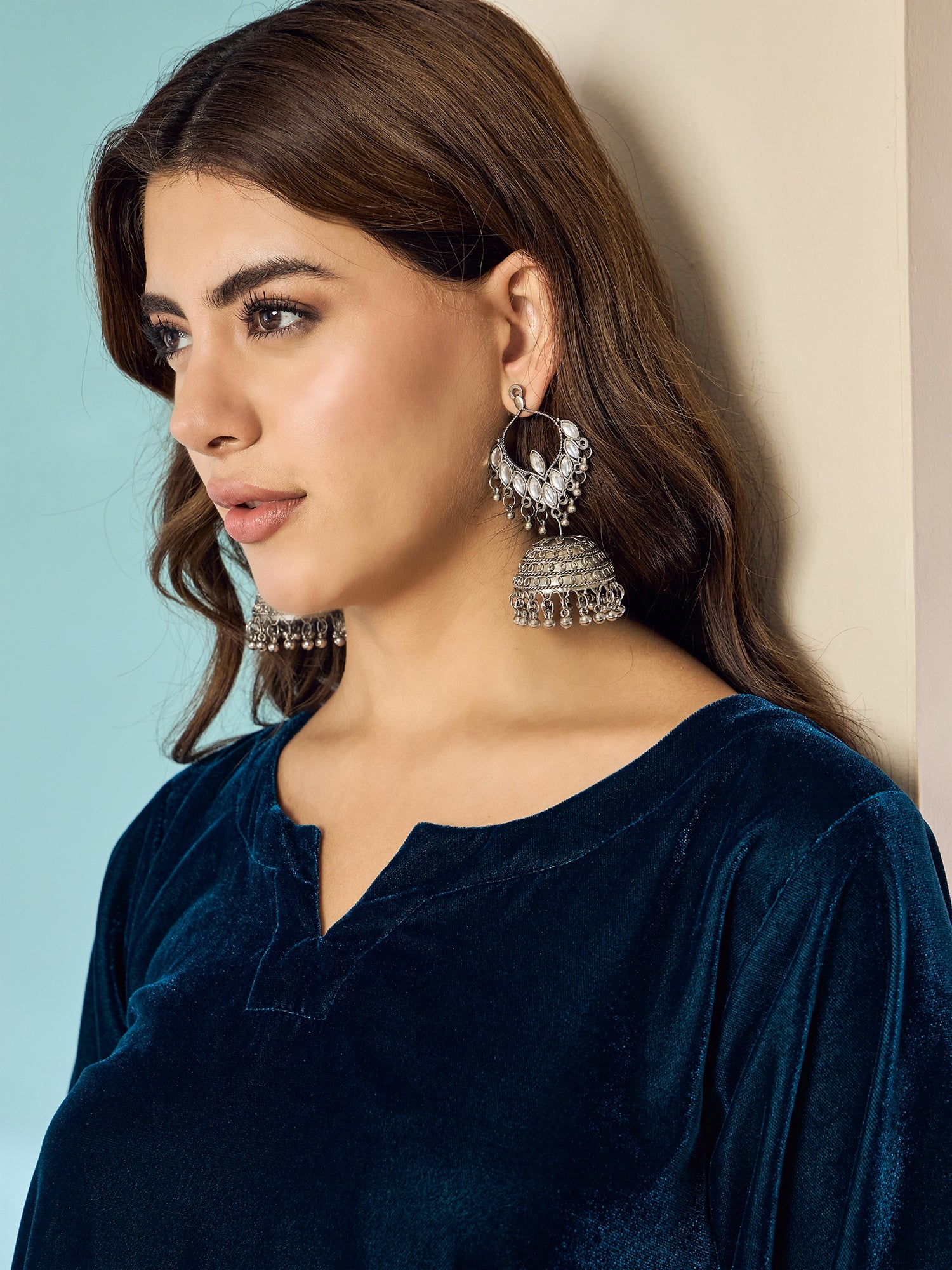 Peacock Teal Velvet Long Sleeve Kurta Set