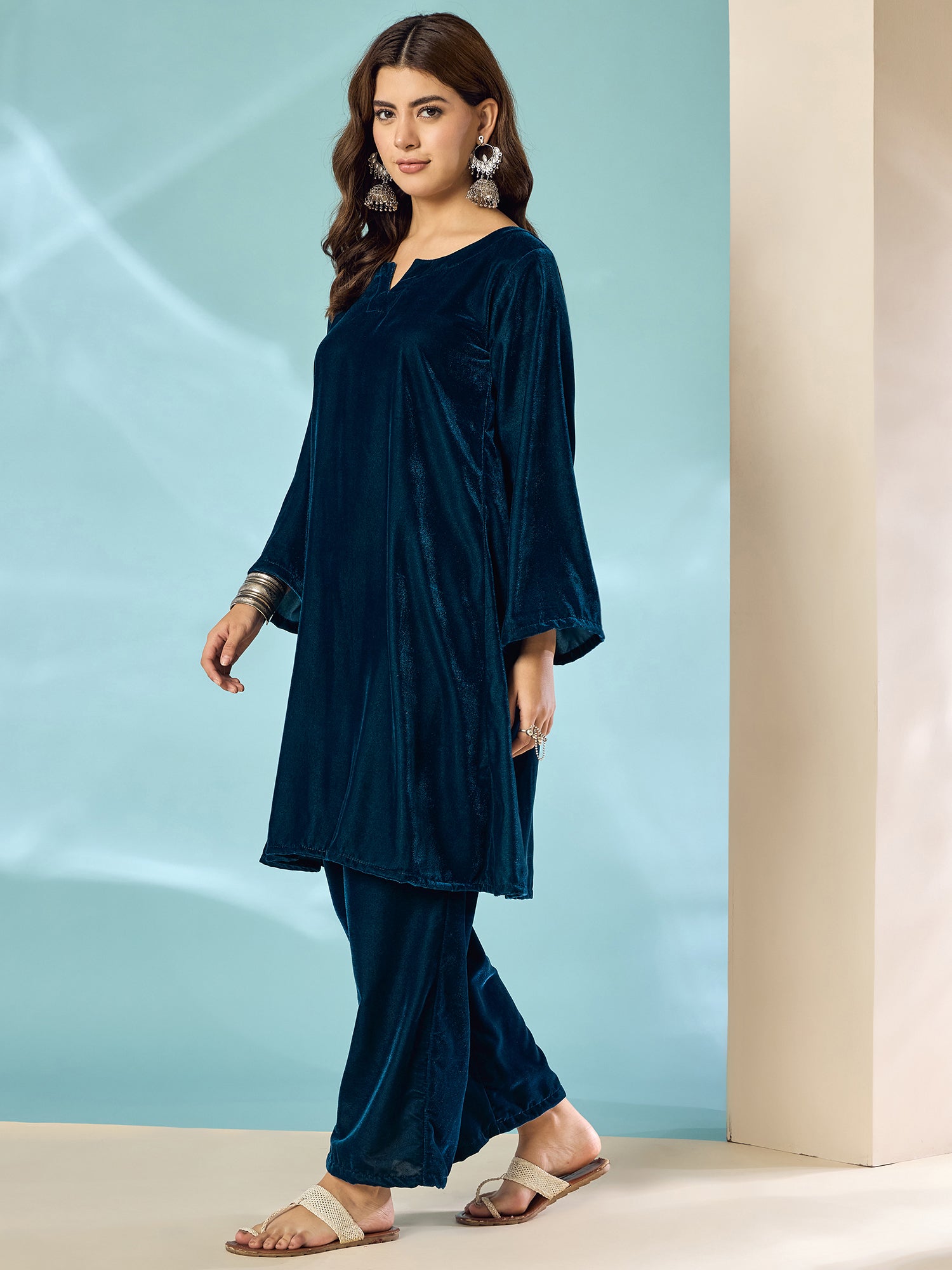 Peacock Teal Velvet Long Sleeve Kurta Set