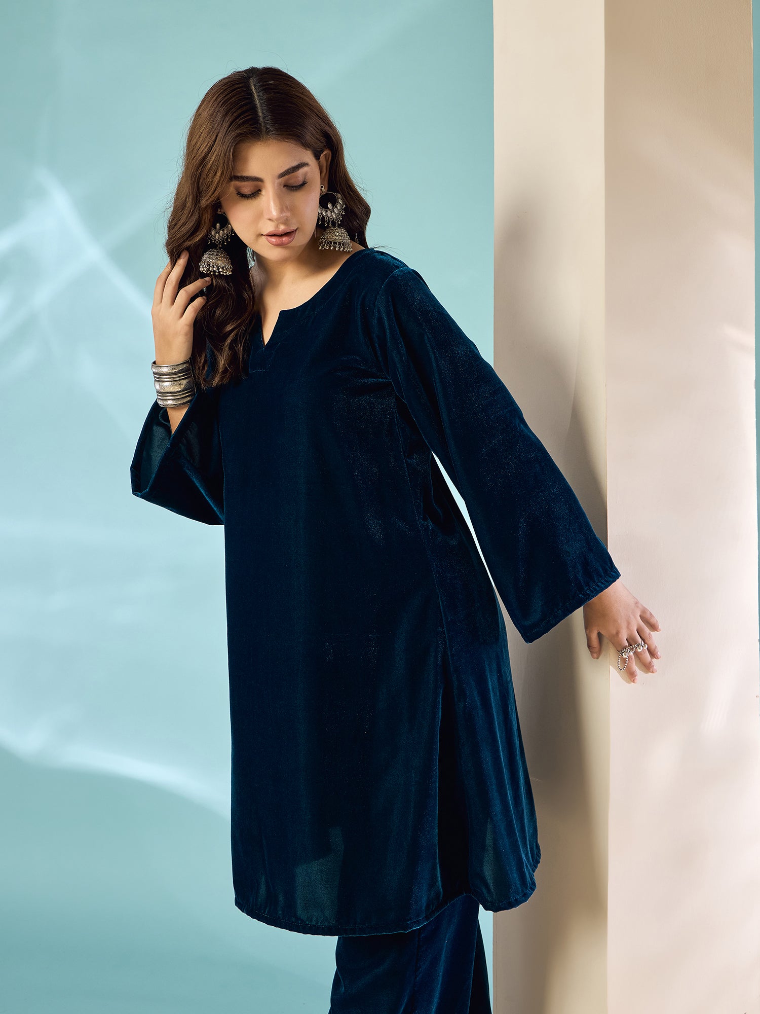 Peacock Teal Velvet Long Sleeve Kurta Set
