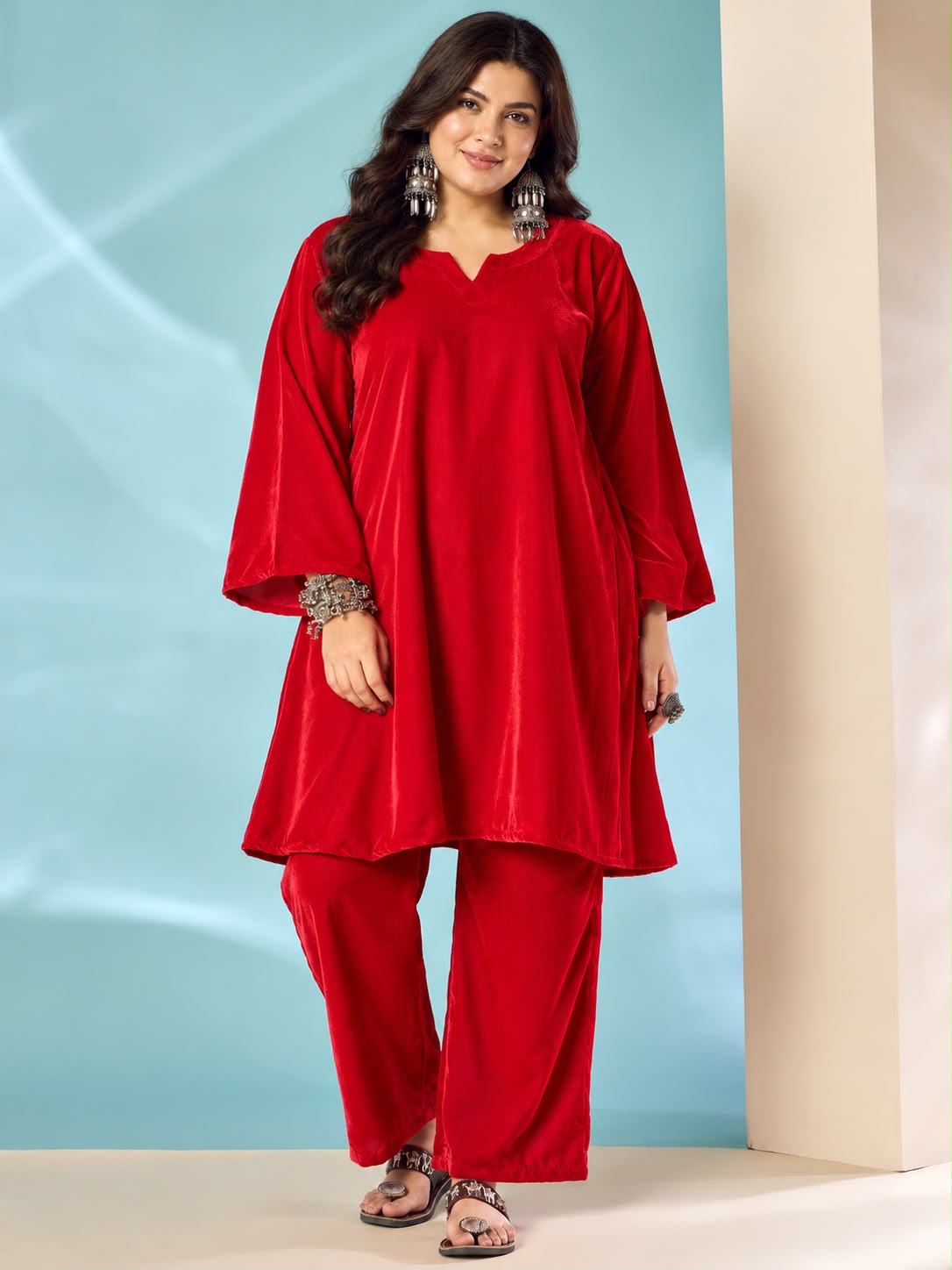 Pink Red Velvet Long Sleeve Kurta Set